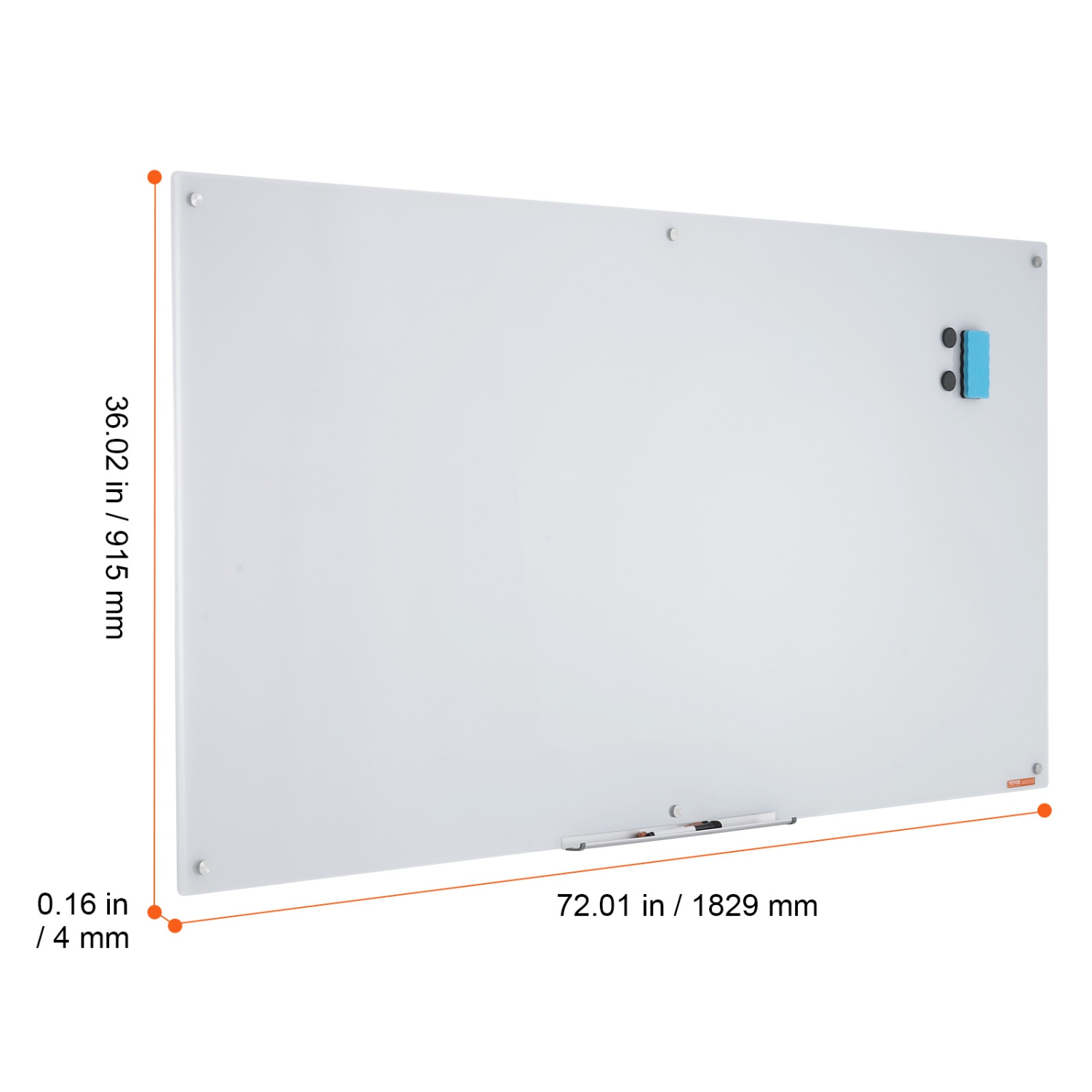 VEVOR 72"x36" Magnetic Glass Whiteboard, Dry Erase Board, Wall-Mounted Large White Glassboard Frameless, with Marker Tray, an Eraser and 2 Markers,