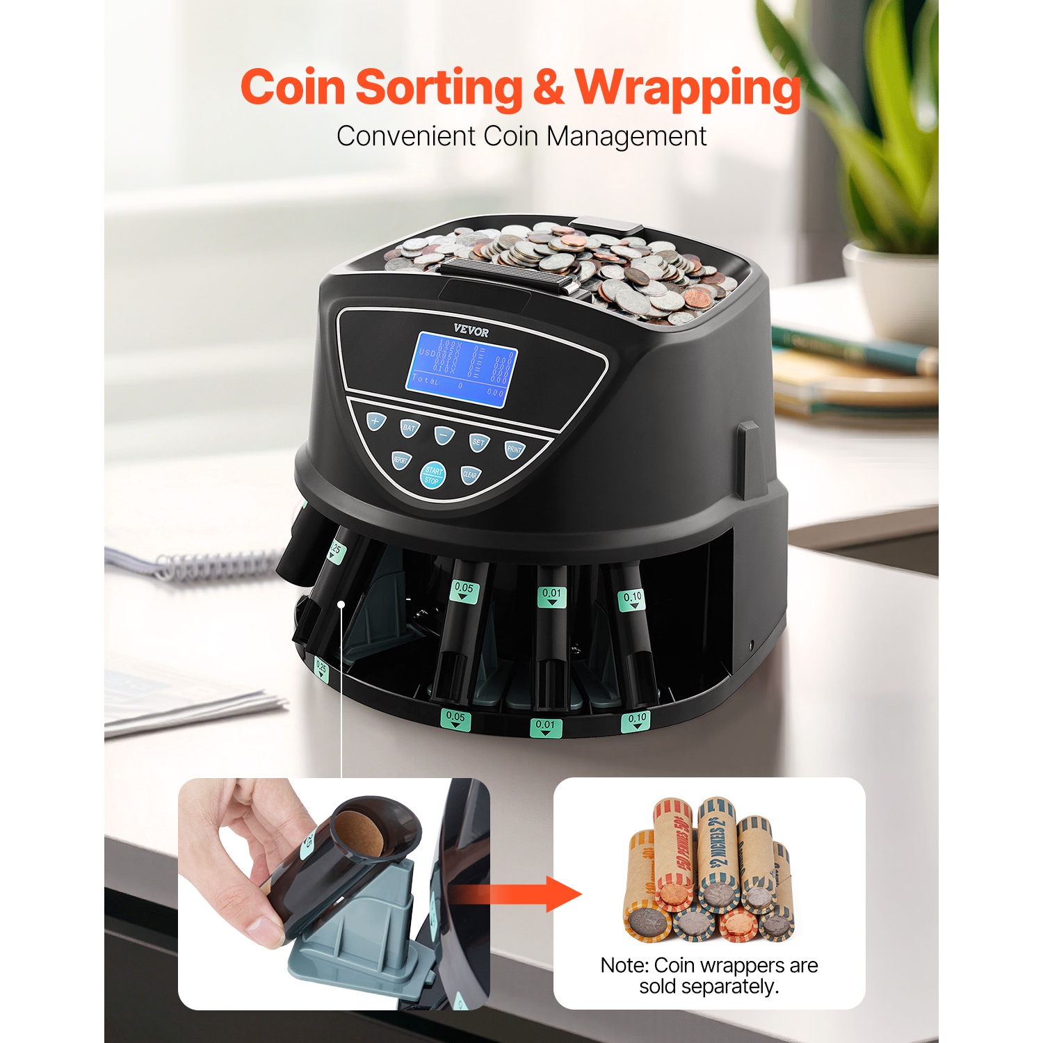 VEVOR USD Coin Sorter Machine for 5 Kinds of USD Coins, Coin Sorter and Wrapper Machine Holds up to 2000 Coins, Screen Display Coin Storage Included