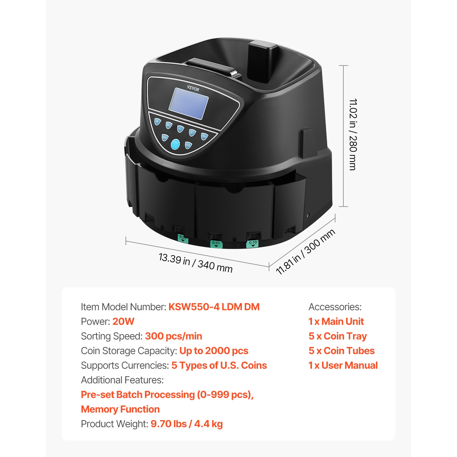 VEVOR USD Coin Sorter Machine for 5 Kinds of USD Coins, Coin Sorter and Wrapper Machine Holds up to 2000 Coins, Screen Display Coin Storage Included