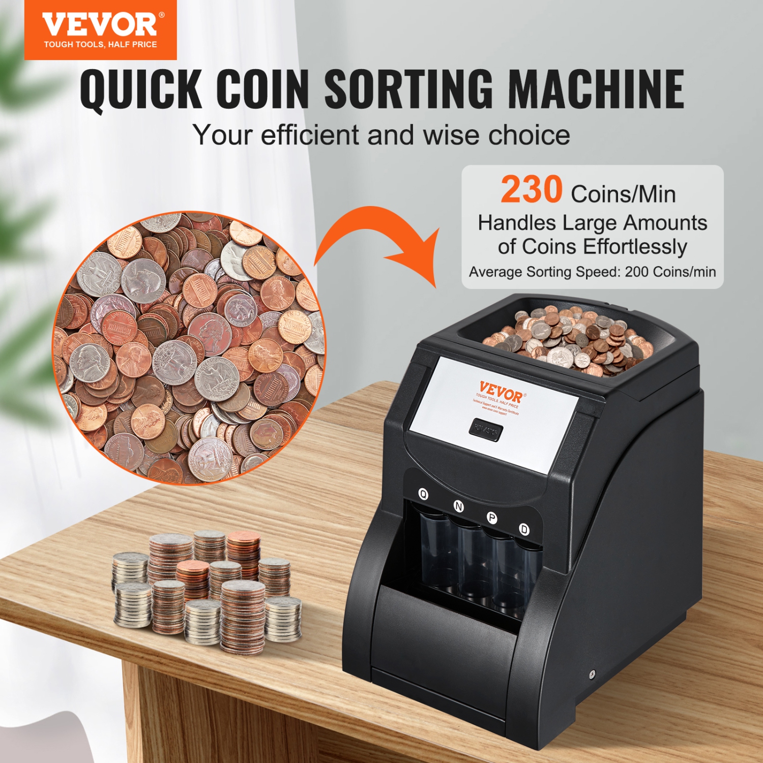 VEVOR USD Coin Sorter Machine for USD Coin 1￠ 5￠ 10￠ 25￠, Sorts up to 230 Coins/min, Coin Sorter and Wrapper Machine Holds 200 Coins Included 4 Coin