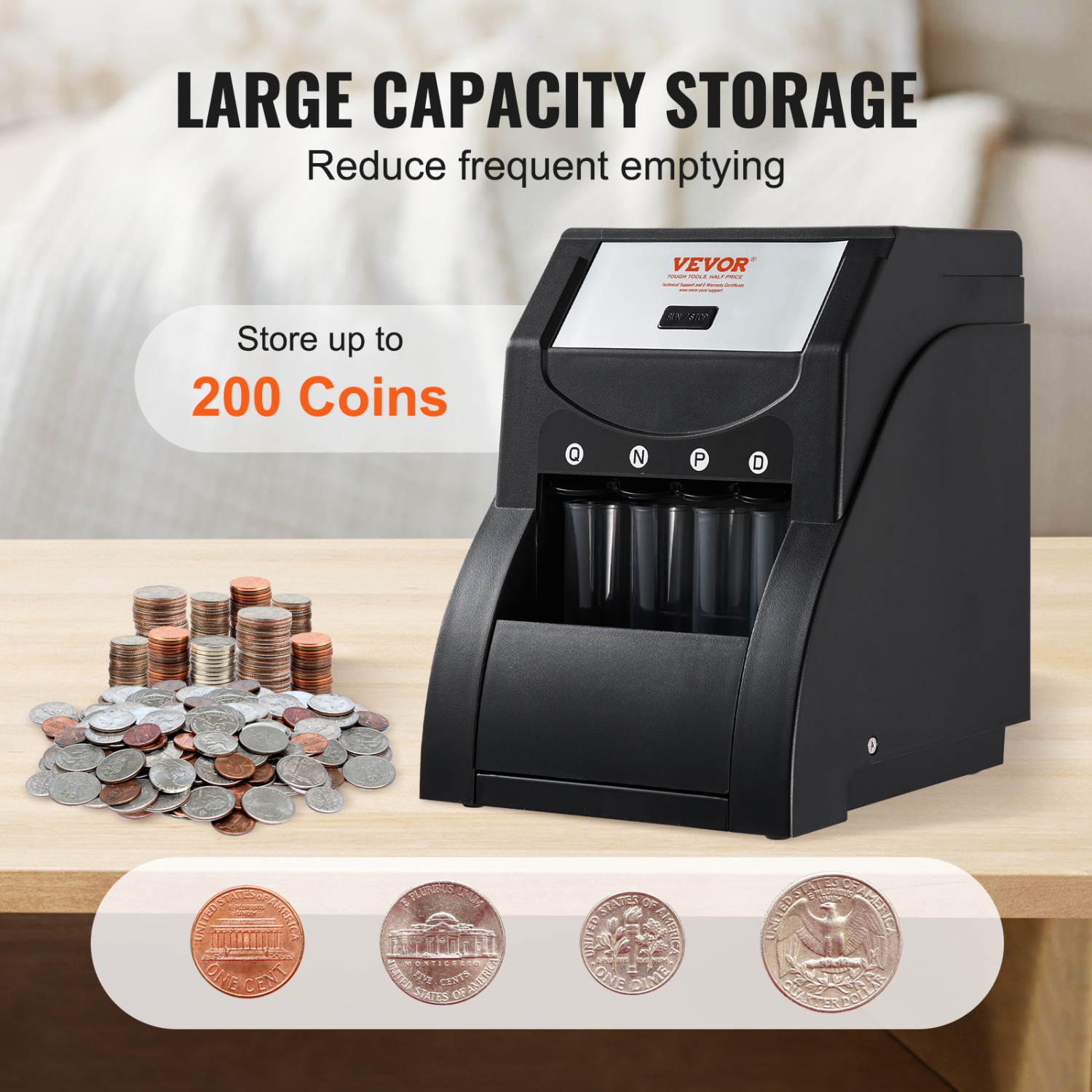 VEVOR USD Coin Sorter Machine for USD Coin 1￠ 5￠ 10￠ 25￠, Sorts up to 230 Coins/min, Coin Sorter and Wrapper Machine Holds 200 Coins Included 4 Coin