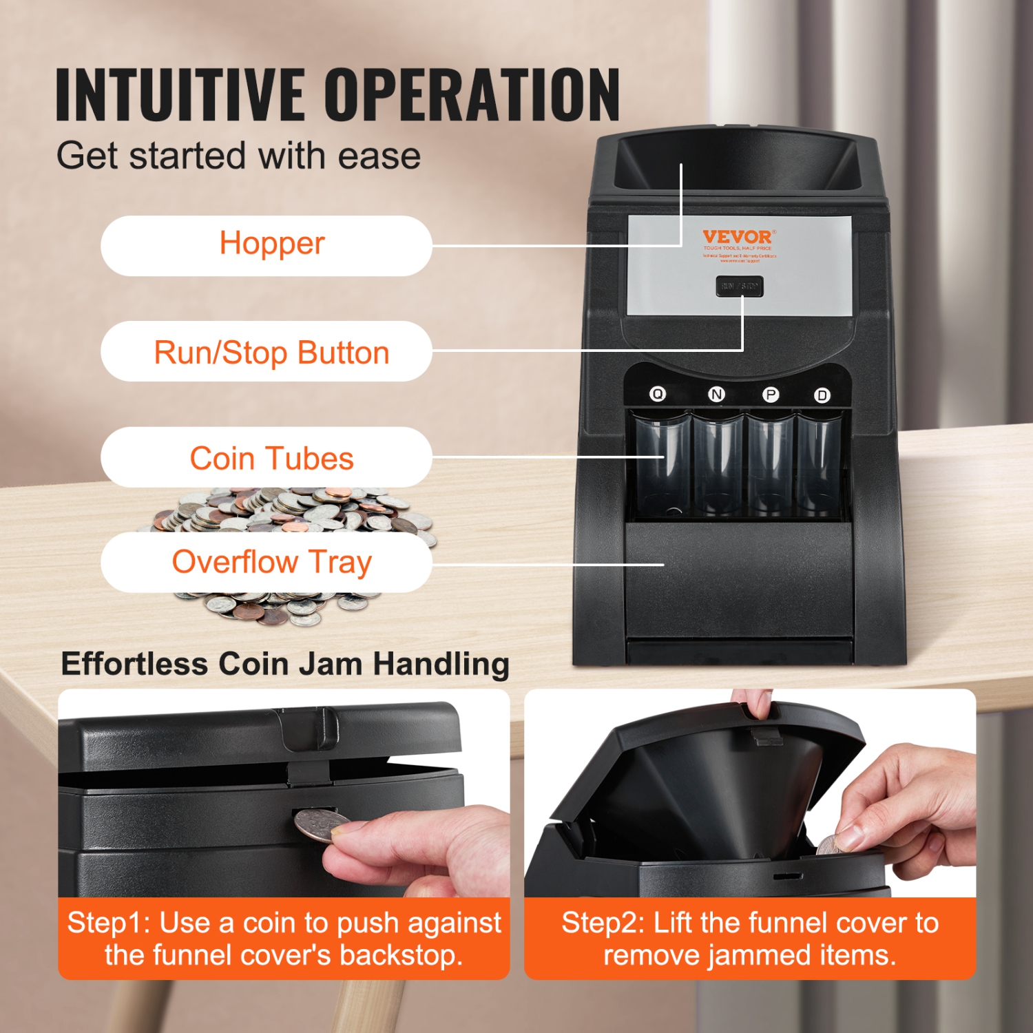 VEVOR USD Coin Sorter Machine for USD Coin 1￠ 5￠ 10￠ 25￠, Sorts up to 230 Coins/min, Coin Sorter and Wrapper Machine Holds 200 Coins Included 4 Coin