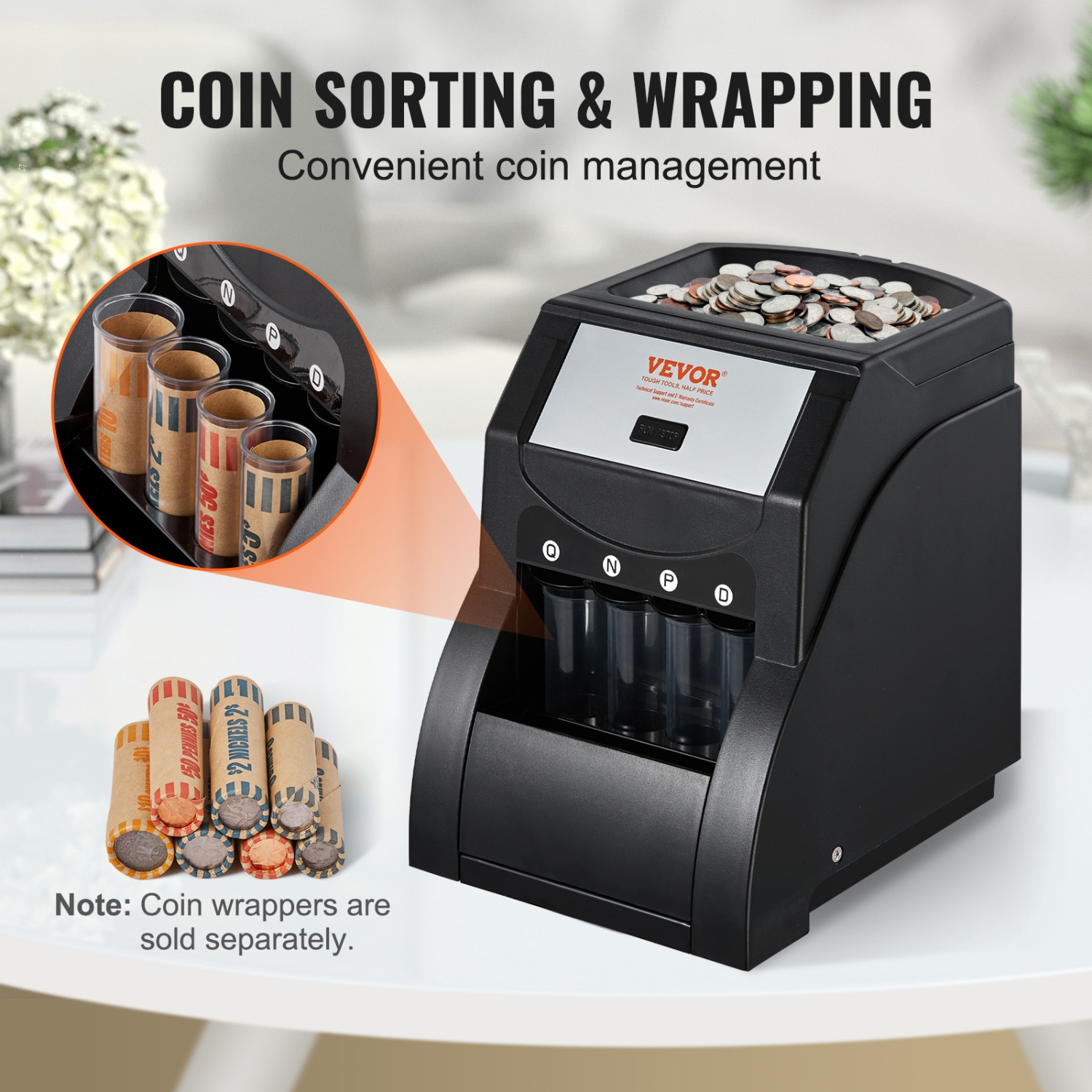 VEVOR USD Coin Sorter Machine for USD Coin 1￠ 5￠ 10￠ 25￠, Sorts up to 230 Coins/min, Coin Sorter and Wrapper Machine Holds 200 Coins Included 4 Coin