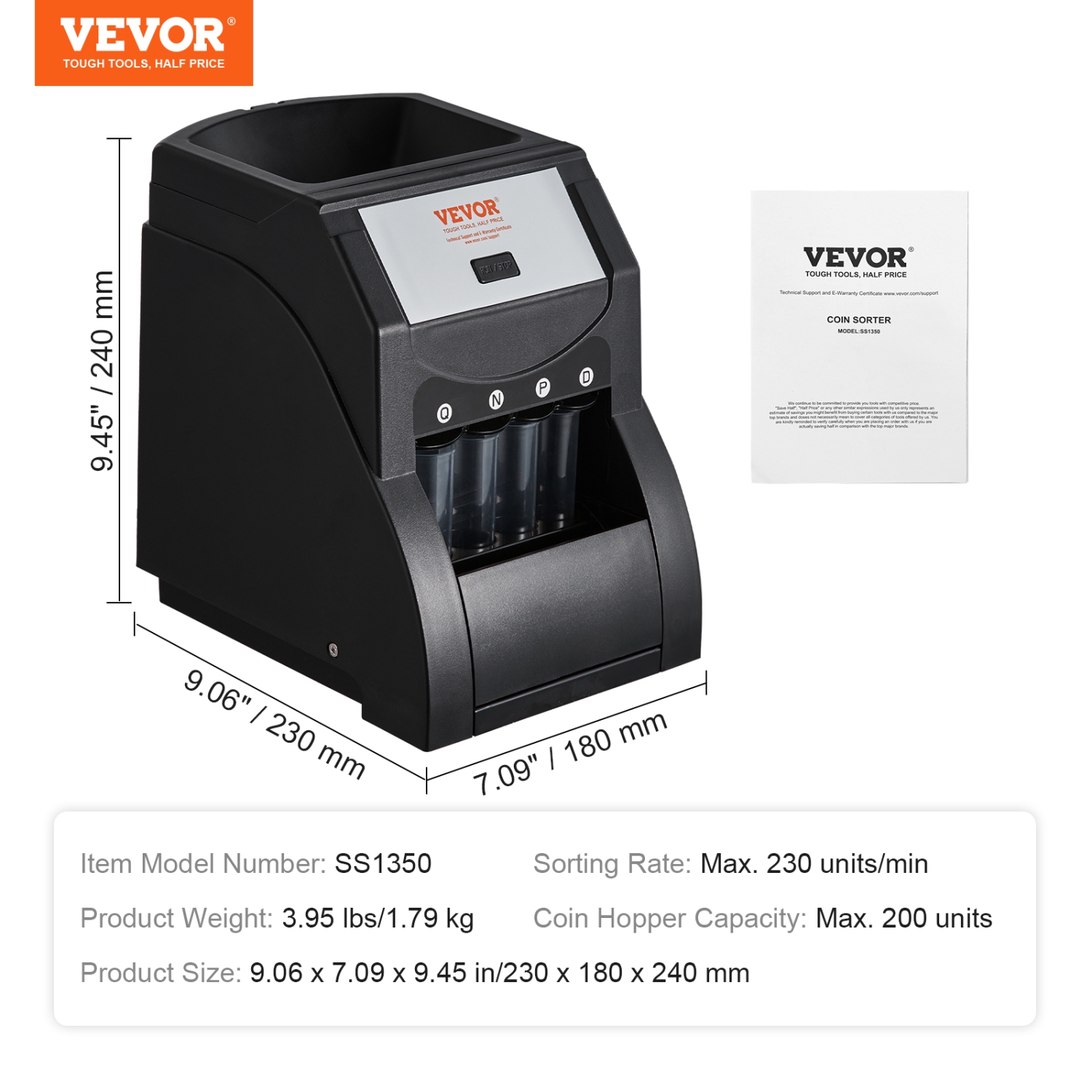VEVOR USD Coin Sorter Machine for USD Coin 1￠ 5￠ 10￠ 25￠, Sorts up to 230 Coins/min, Coin Sorter and Wrapper Machine Holds 200 Coins Included 4 Coin