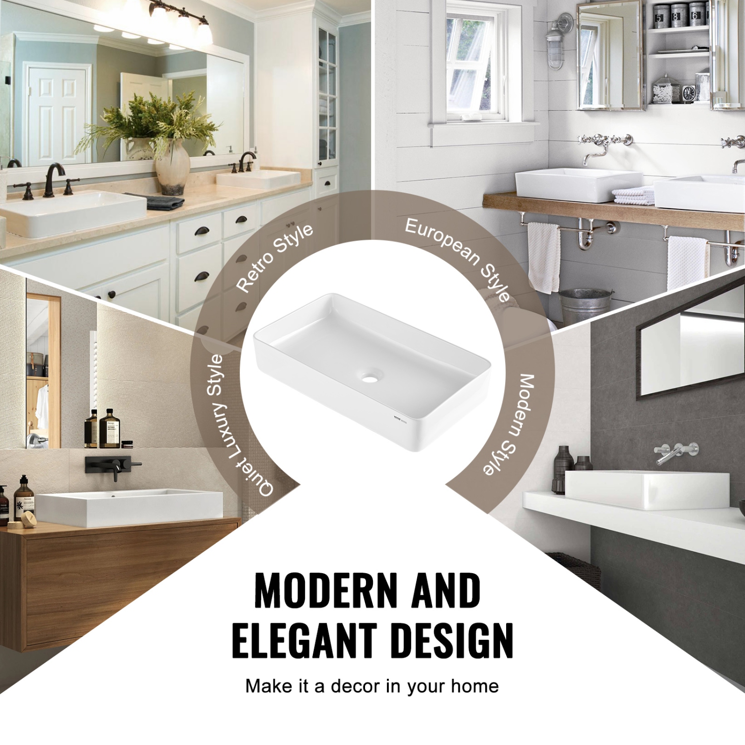 VEVOR 24" x 13.8" Rectangle Vessel Sink, Bathroom Vessel Sink Countertop, White Ceramic Bathroom Sinks Above Counter, Modern Style, Bright and