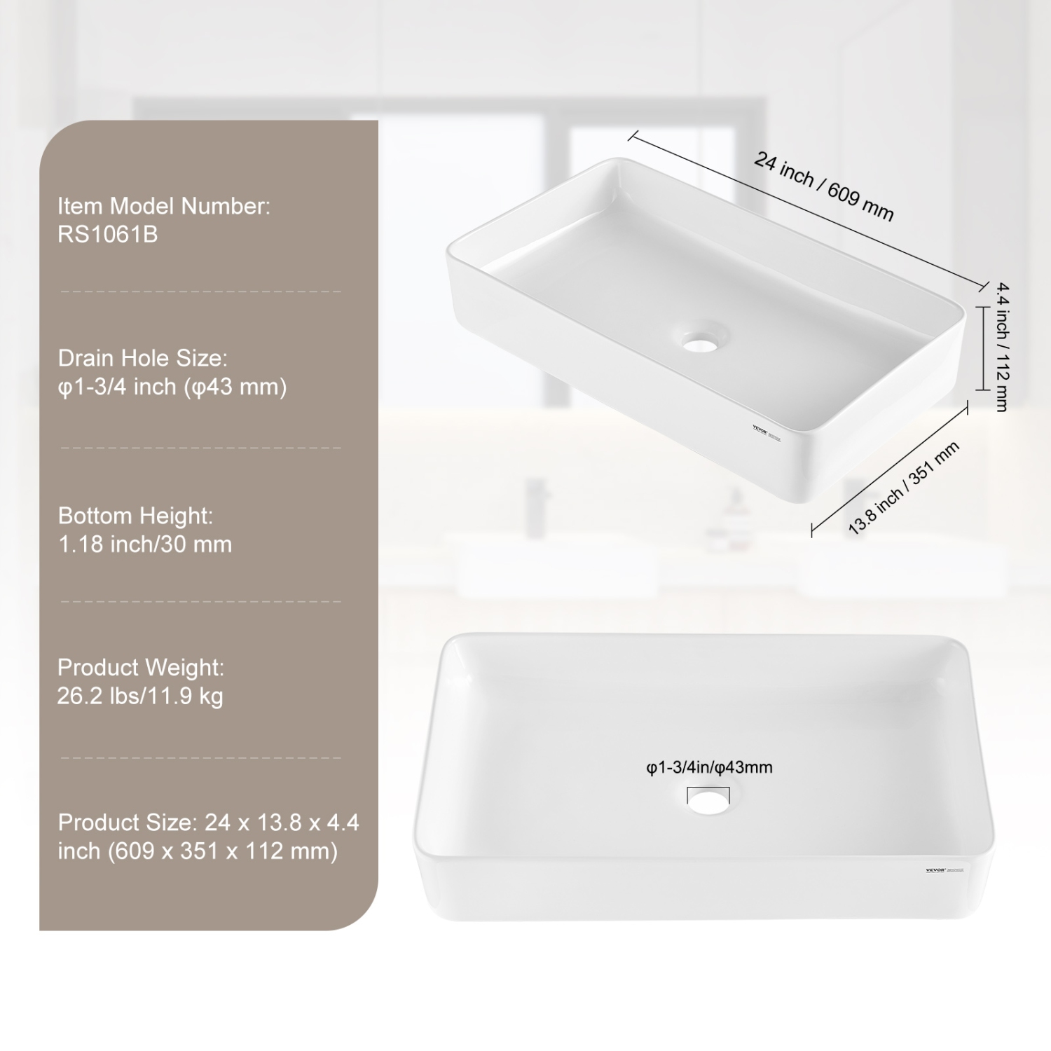 VEVOR 24" x 13.8" Rectangle Vessel Sink, Bathroom Vessel Sink Countertop, White Ceramic Bathroom Sinks Above Counter, Modern Style, Bright and
