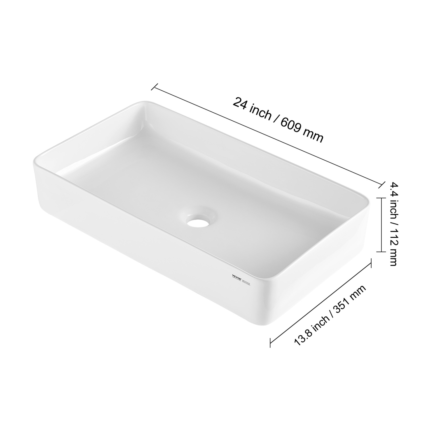VEVOR 24" x 13.8" Rectangle Vessel Sink, Bathroom Vessel Sink Countertop, White Ceramic Bathroom Sinks Above Counter, Modern Style, Bright and