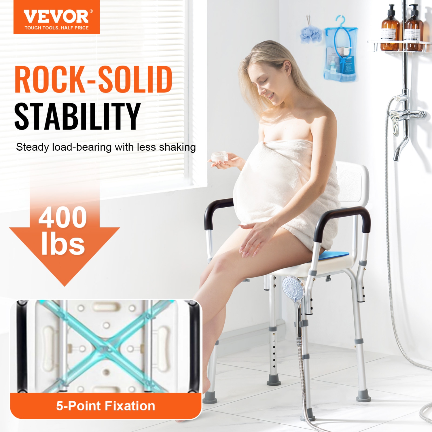 VEVOR 400 lbs Capacity Shower Chair, Shower Seat with Back, Adjustable Height Shower Stool, Shower Chair for Inside Shower Bathtub, Non-slip Bathroom
