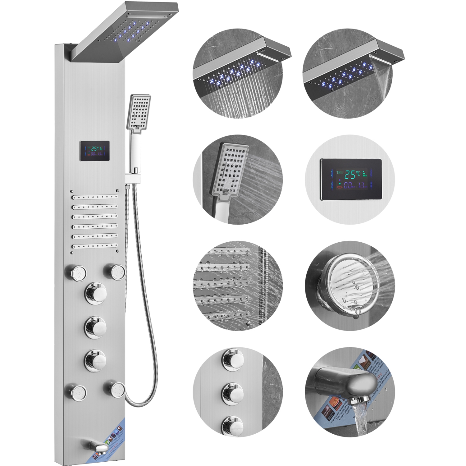 VEVOR Shower Panel System, 6 Shower Modes, LED & Screen Hydroelectricity Shower Panel Tower,5 Massage Jets, Tub Spout, Handheld Shower, Stainless Steel Wall-Mounted Shower Set