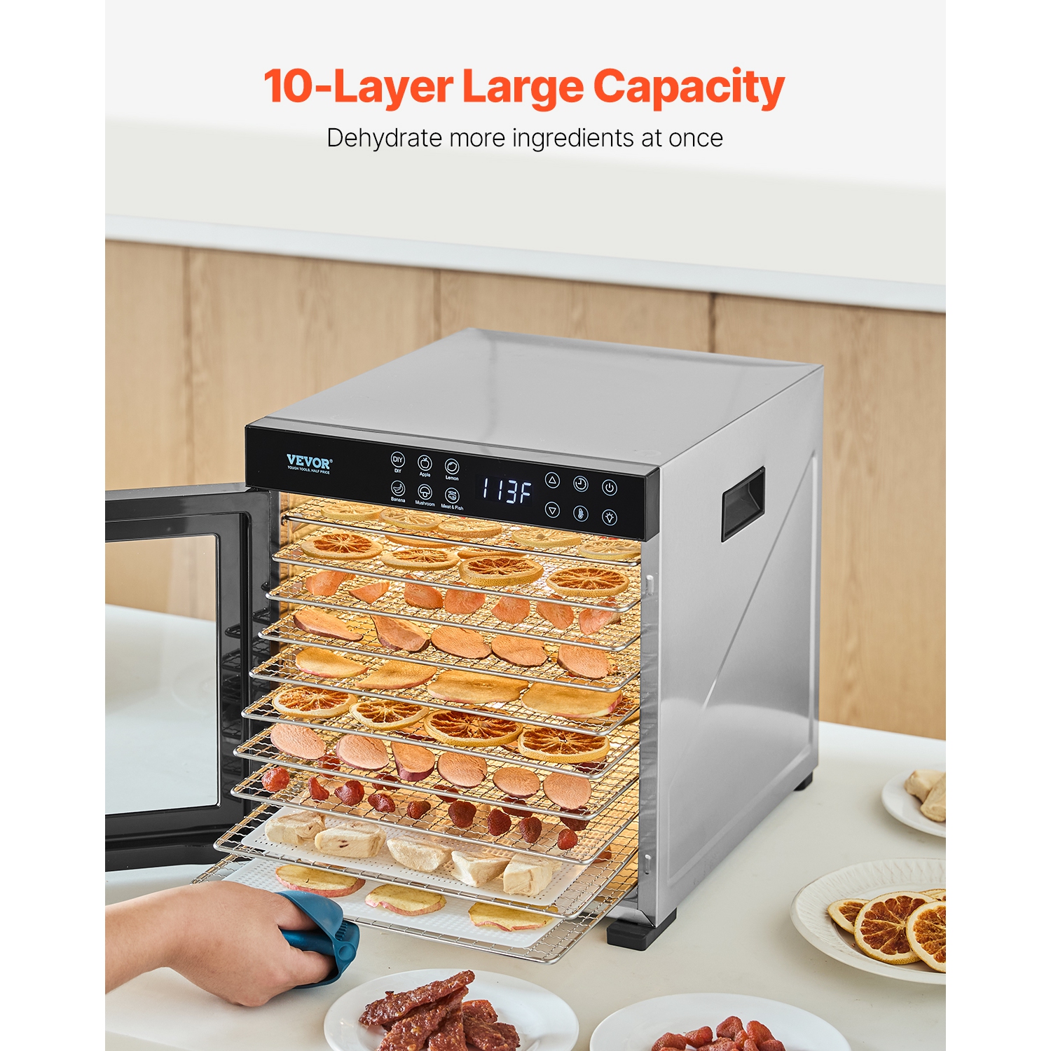 VEVOR 1000W Food Dehydrator Machine, 10 Stainless Steel Trays, Electric Food Dryer with Adjustable Temperature & 24-Hour Timer, Freeze Dryer for