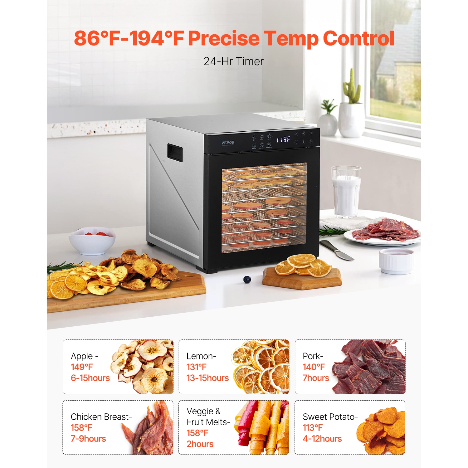 VEVOR 1000W Food Dehydrator Machine, 10 Stainless Steel Trays, Electric Food Dryer with Adjustable Temperature & 24-Hour Timer, Freeze Dryer for