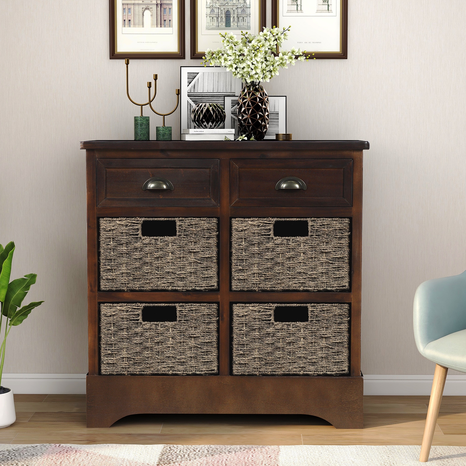 Homy Casa Rustic Storage Cabinet with Two Drawers and Four Classic Rattan Basket for Dining Room Living Room, Espresso