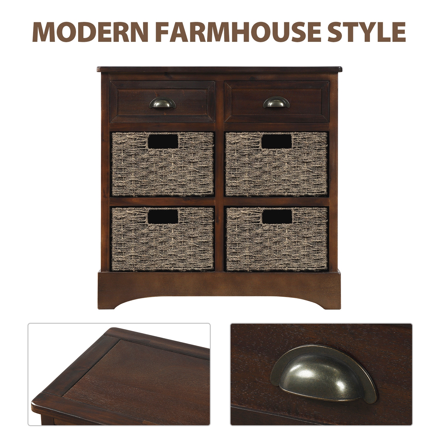 Homy Casa Rustic Storage Cabinet with Two Drawers and Four Classic Rattan Basket for Dining Room Living Room, Espresso