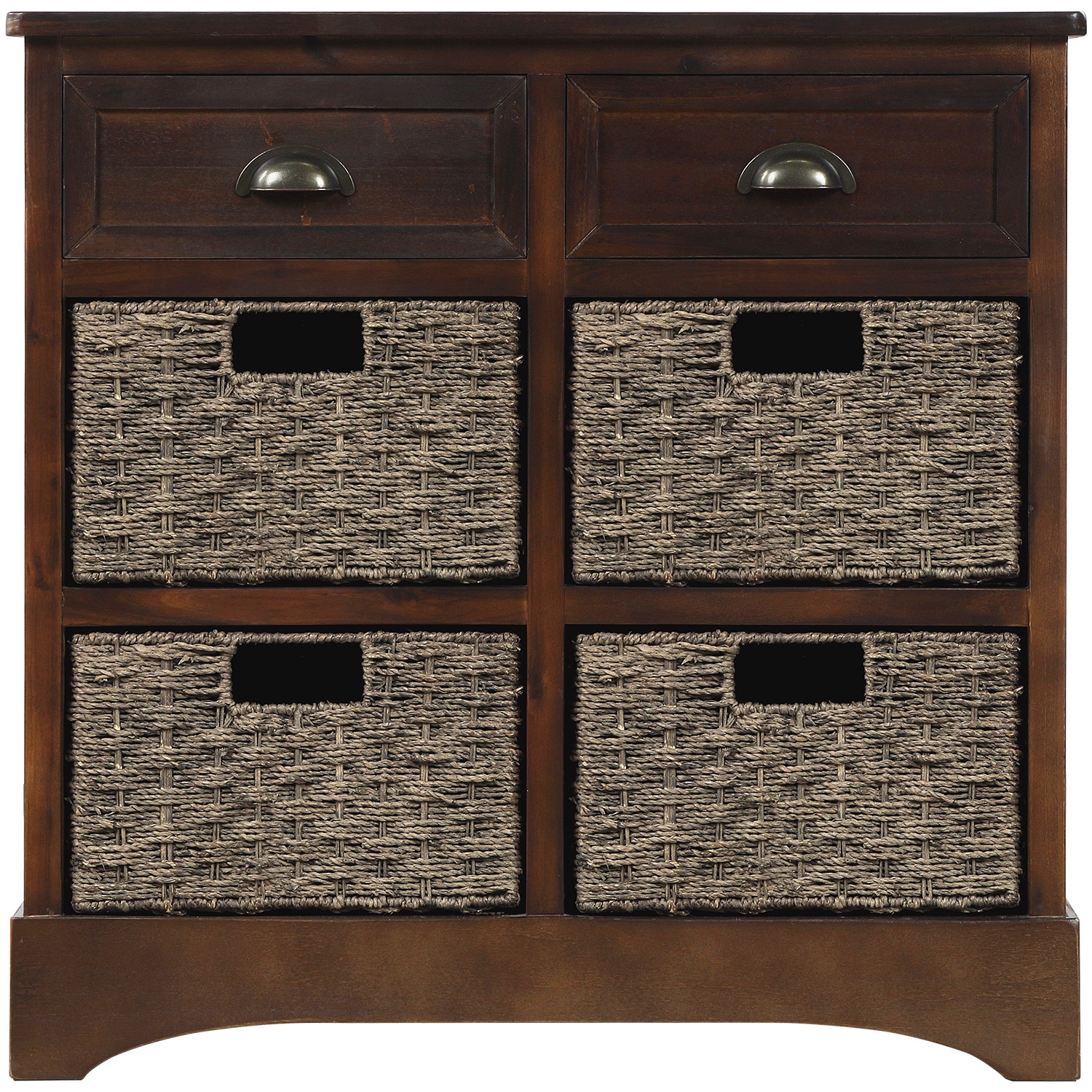 Homy Casa Rustic Storage Cabinet with Two Drawers and Four Classic Rattan Basket for Dining Room Living Room, Espresso