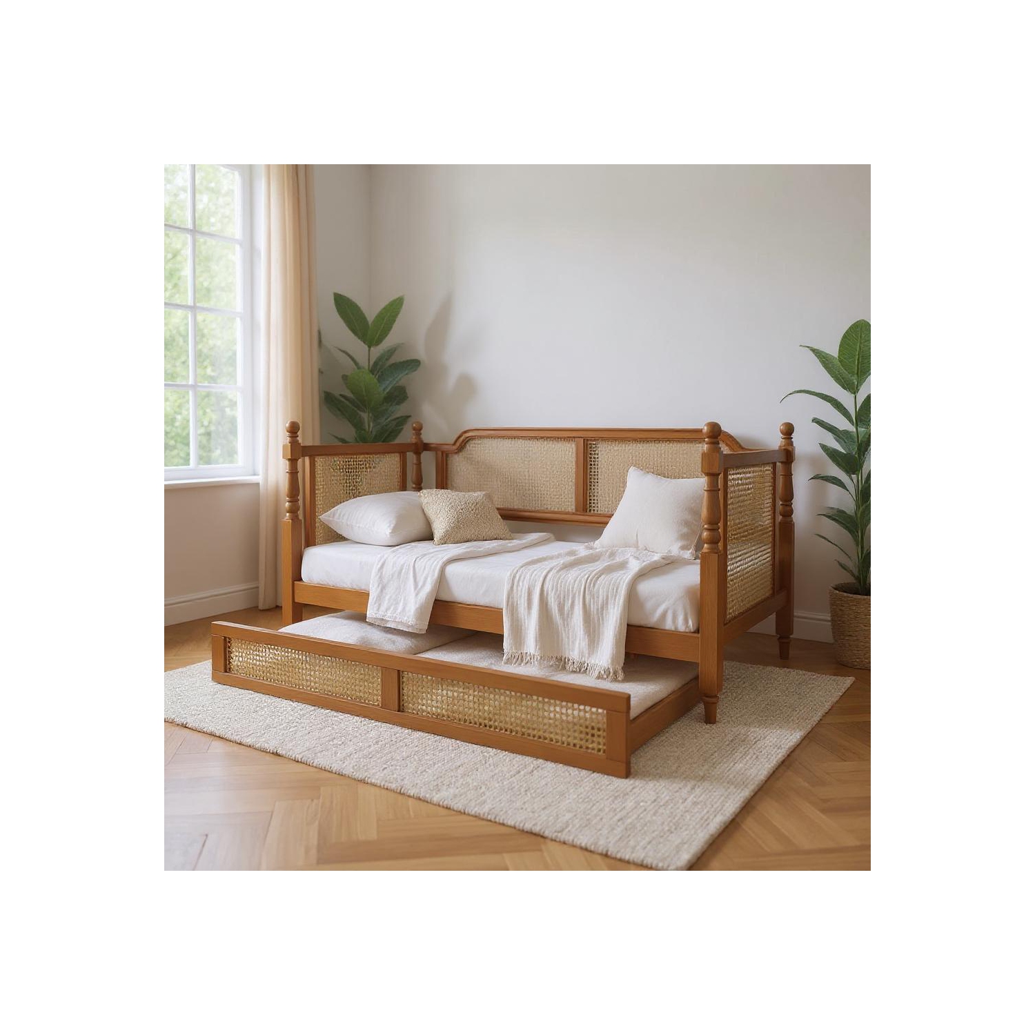 Cadre de lit simple traditionnel en rotin avec lit gigogne de Homy Casa