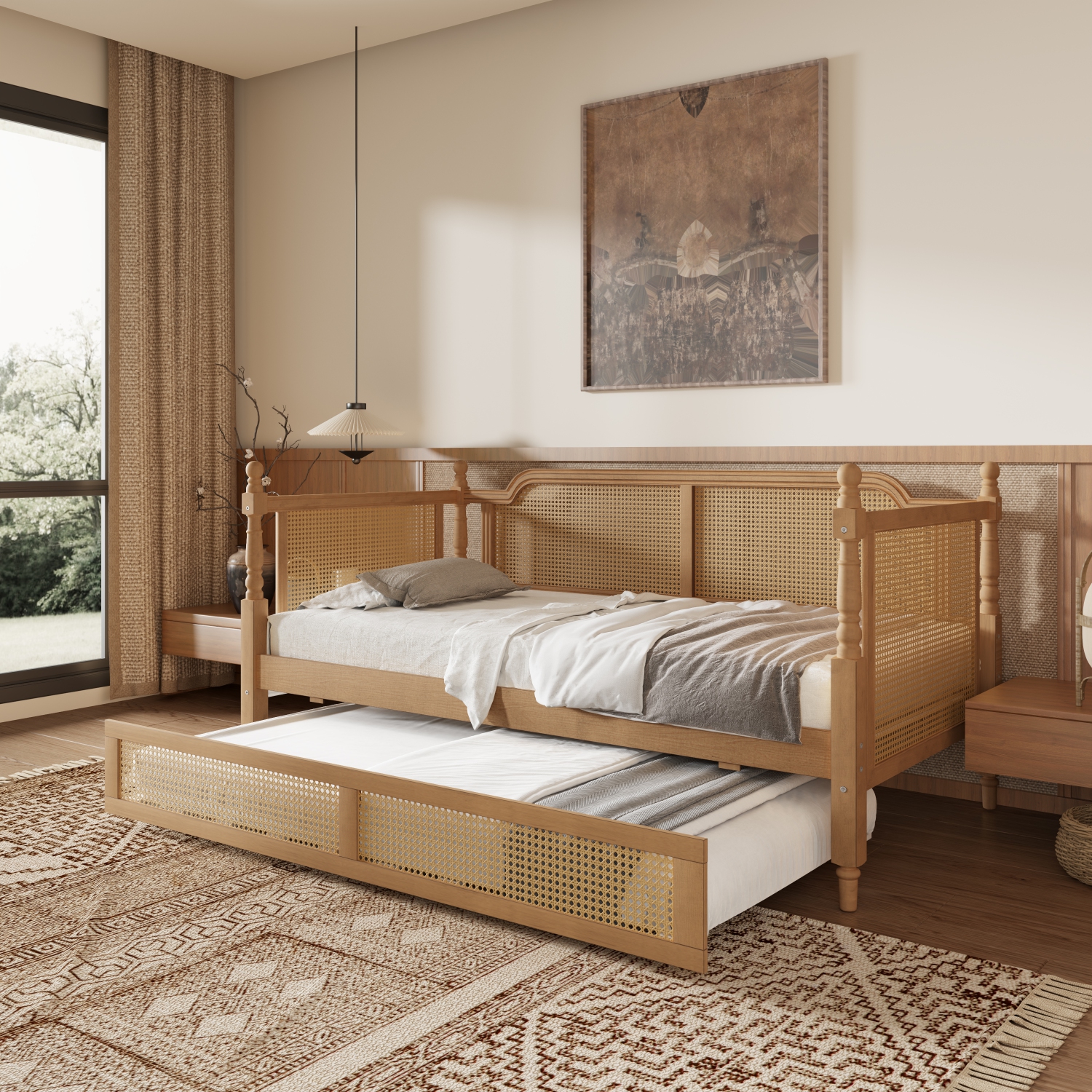 Cadre de lit simple traditionnel en rotin avec lit gigogne de Homy Casa