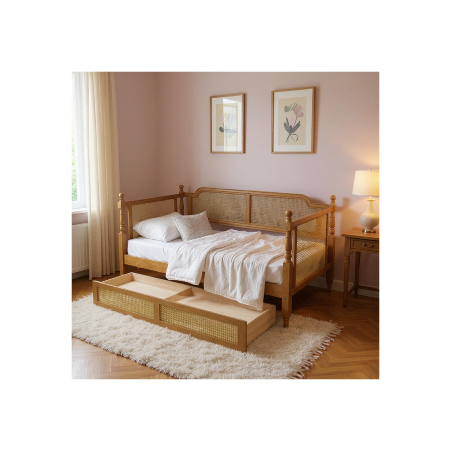 Cadre de lit simple traditionnel en rotin avec 2 tiroirs Homy Casa