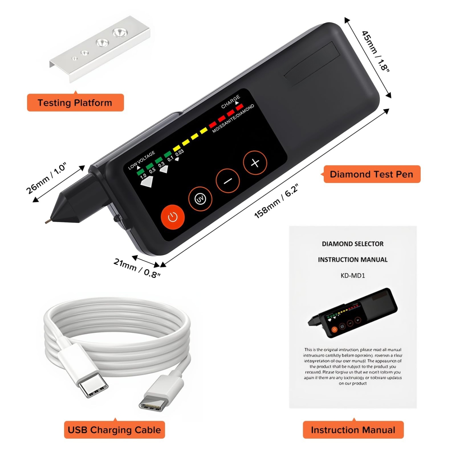 Testeur de diamant rechargeable, stylo de test de diamant avec écran LCD et lumière UV