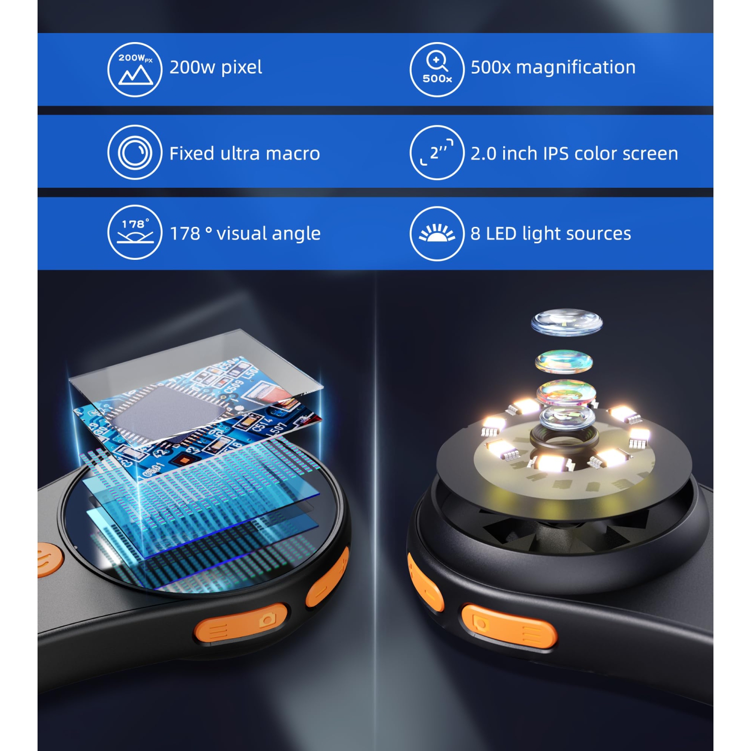 Microscope numérique portatif portatif, microscope électronique 2&nbsp;Mpx rechargeable par USB avec grossissement 500x, compatible avec Windows et