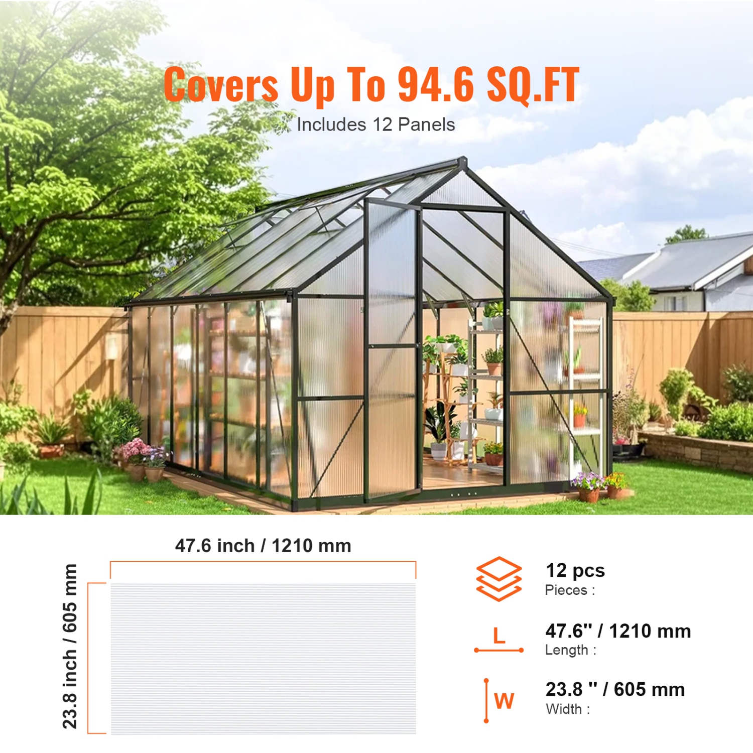 VEVOR 12 Pack Polycarbonate Greenhouse Panels, 2' X 4' X 0.24'' Roof Panels Sheets, Waterproof UV Protected Corrugated Plastic Roofing, Impact