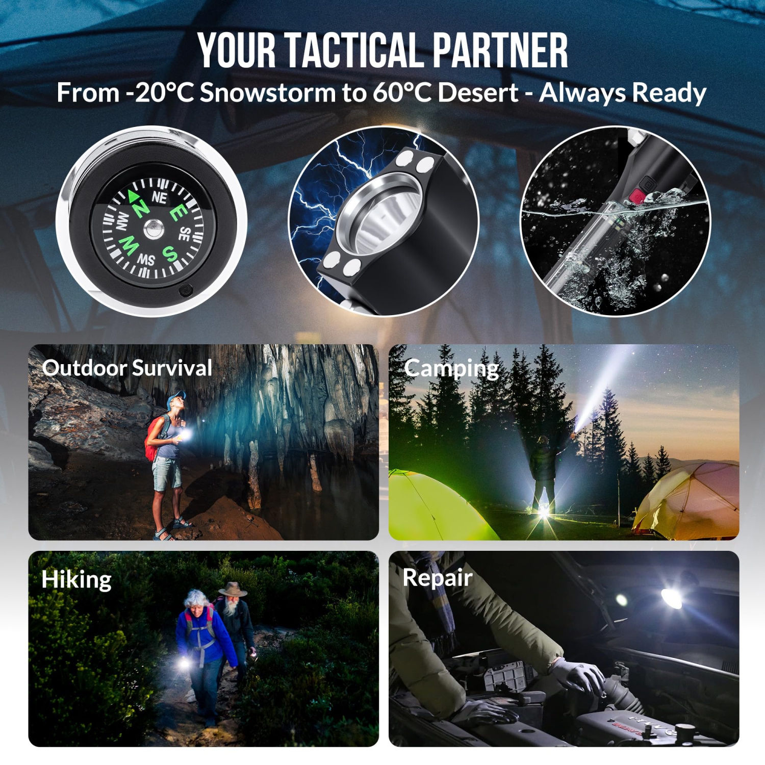 Lampe de poche solaire multifonction d'urgence, outil portatif de sécurité pour l'auto avec marteau, coupe-ceinture de sécurité, alarme rechargeable