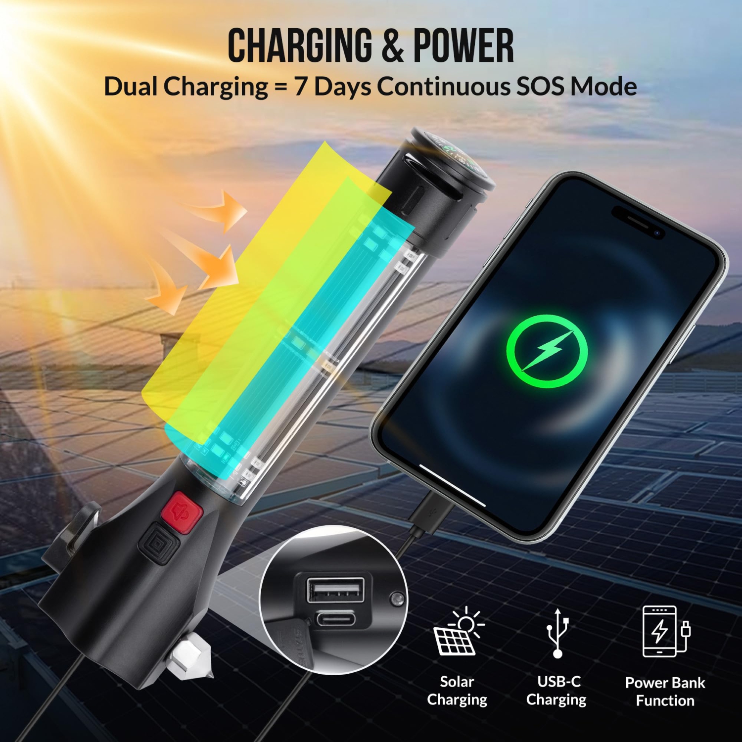 Lampe de poche solaire multifonction d'urgence, outil portatif de sécurité pour l'auto avec marteau, coupe-ceinture de sécurité, alarme rechargeable