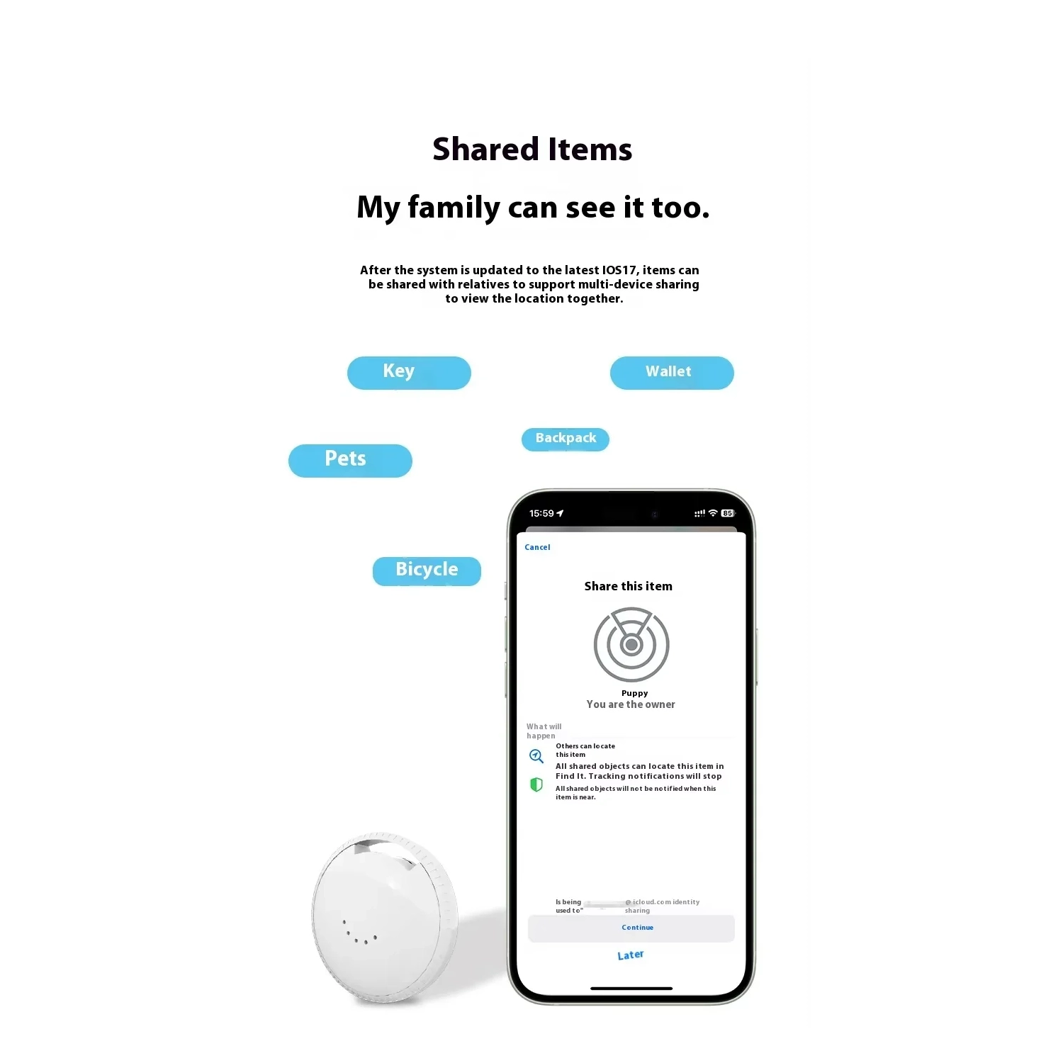 Dispositif de positionnement rond anti-perte, Smart Alarm 5,2 Bluetooth Anti-Perdu, Dispositif de localisation de bagages pour personnes âgées de