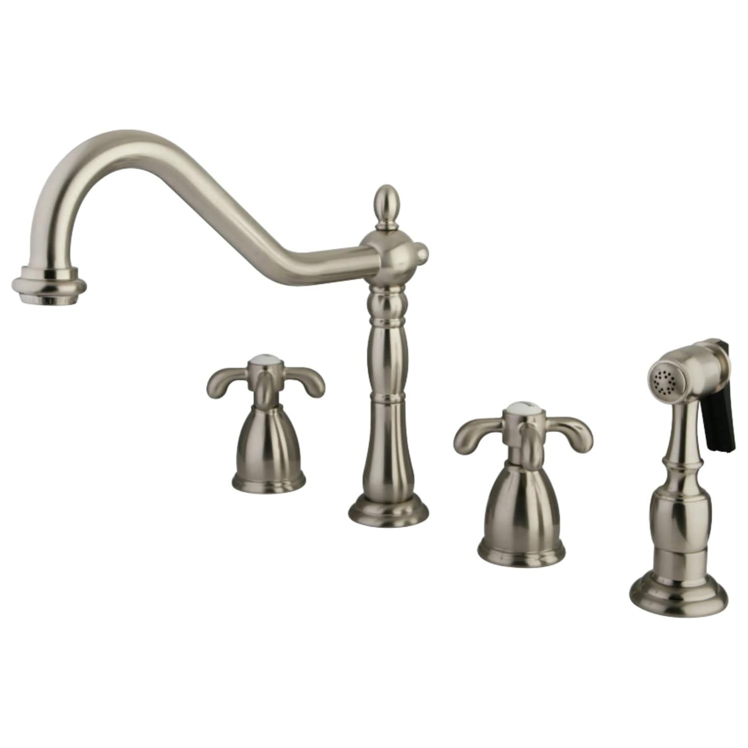 KINGSTON Brass KB1798TXBS French Country Widespread Kitchen Faucet with Brass Sprayer, Satin Nickel, 8-1/4"