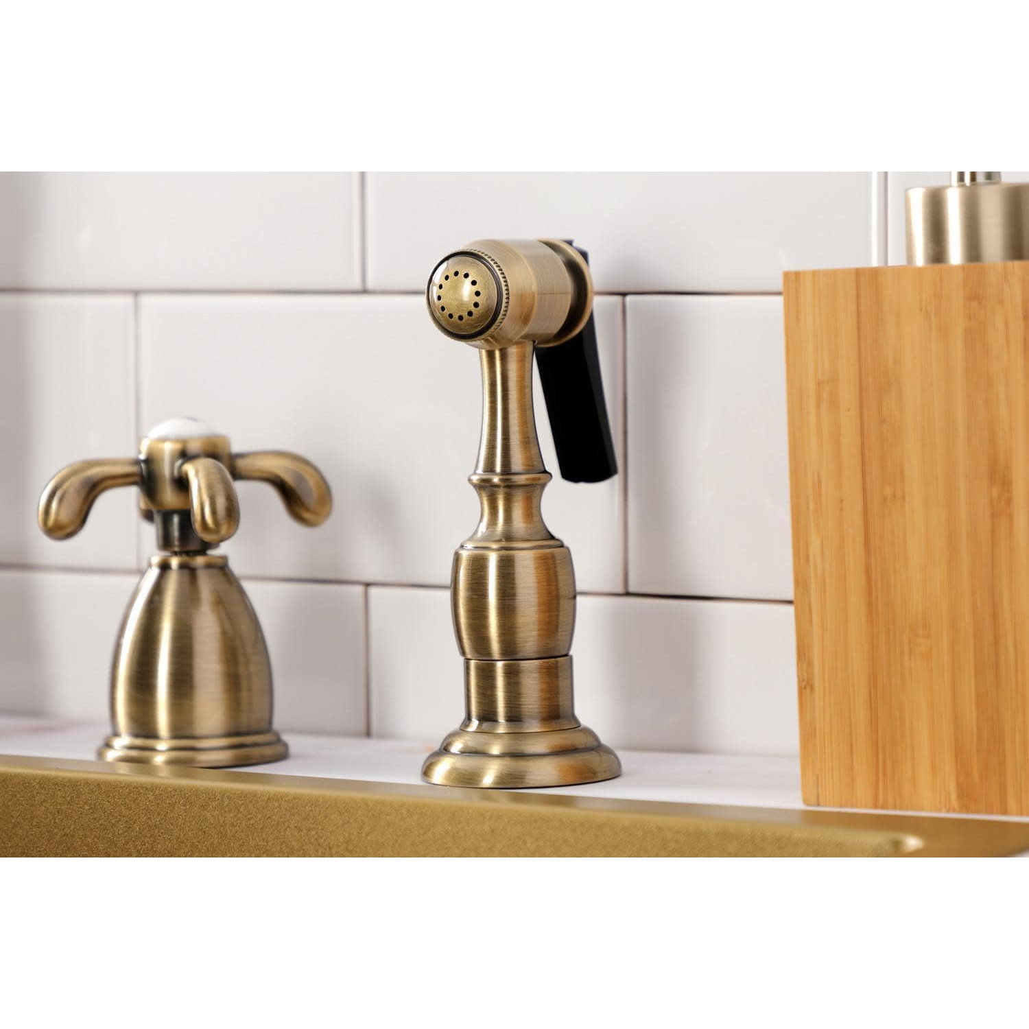 KINGSTON Brass KB1798TXBS French Country Widespread Kitchen Faucet with Brass Sprayer, Satin Nickel, 8-1/4"
