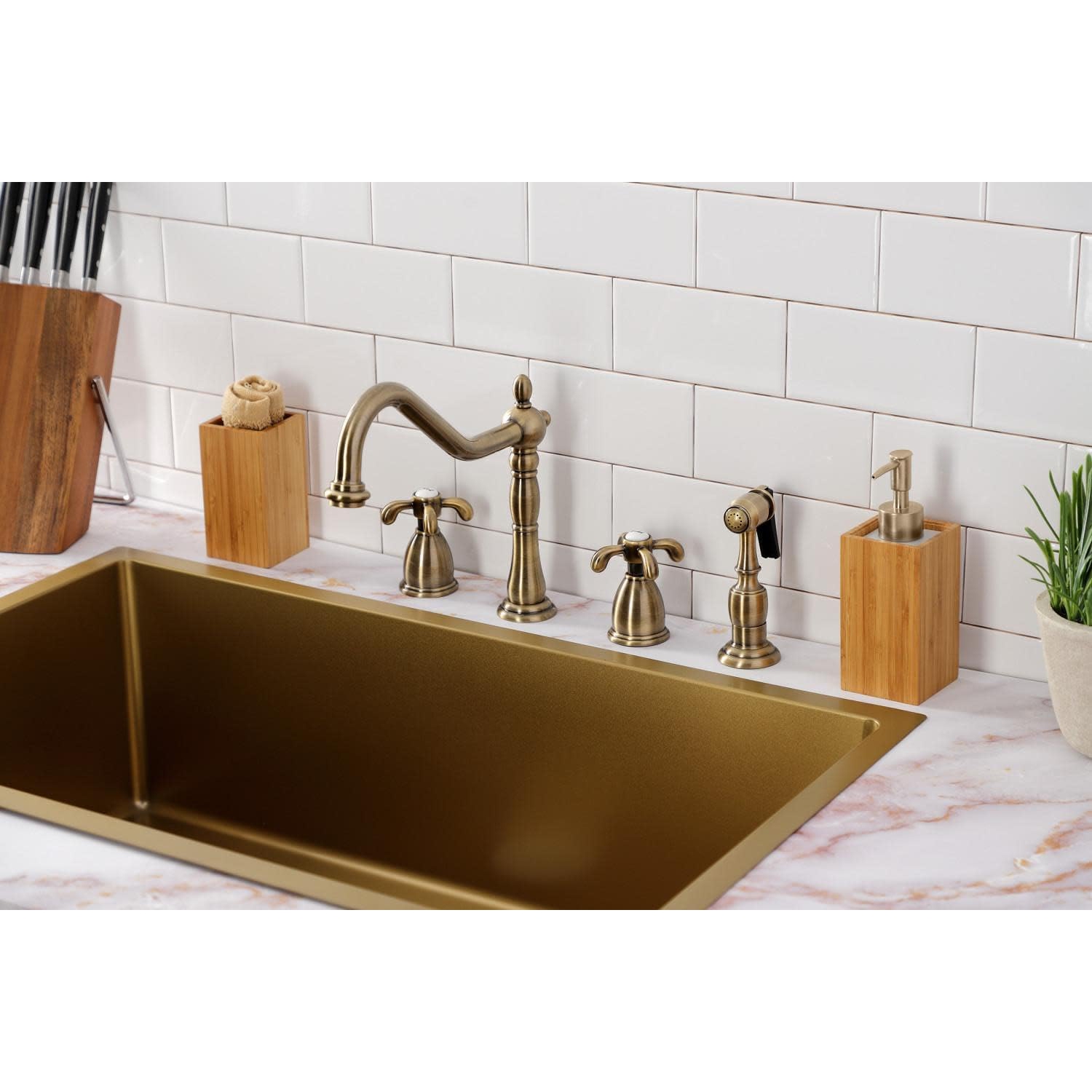 KINGSTON Brass KB1798TXBS French Country Widespread Kitchen Faucet with Brass Sprayer, Satin Nickel, 8-1/4"