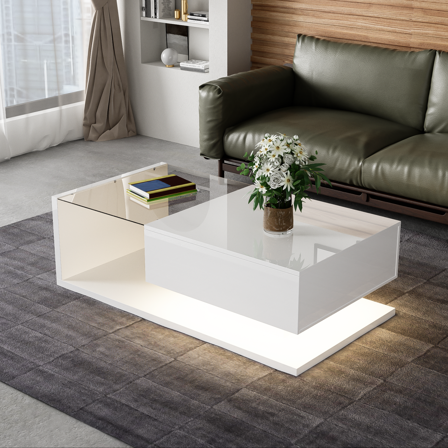 Homy Casa Coffee Table with Storage Cube and LED Light