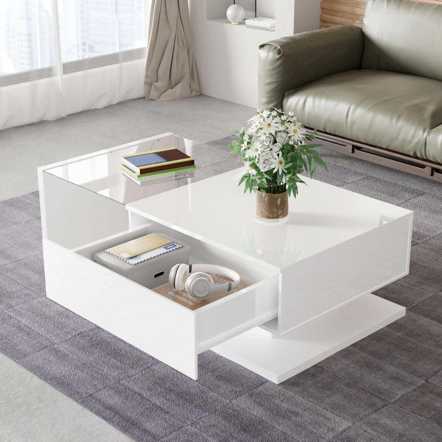 Homy Casa Coffee Table with Storage Cube and LED Light