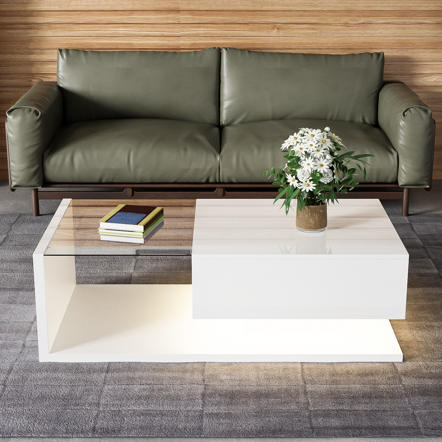 Homy Casa Coffee Table with Storage Cube and LED Light