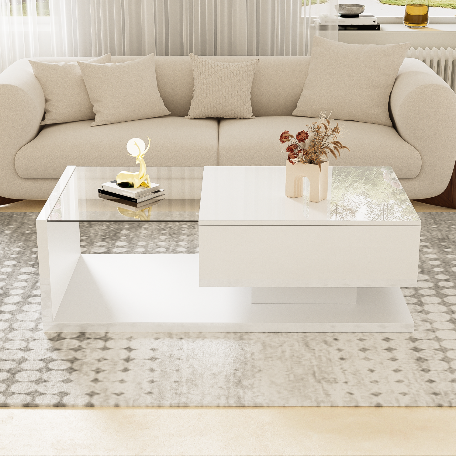 Homy Casa Coffee Table with Storage Cube and LED Light