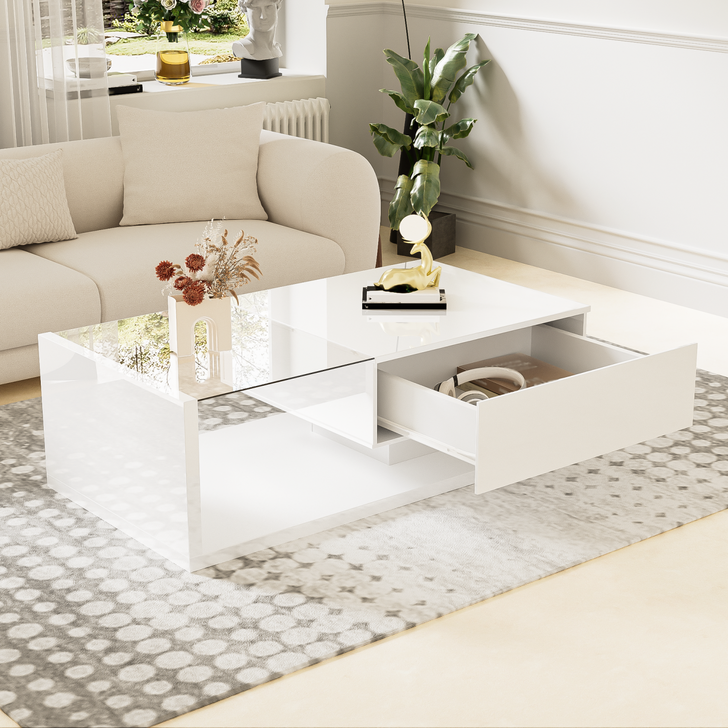 Homy Casa Coffee Table with Storage Cube and LED Light