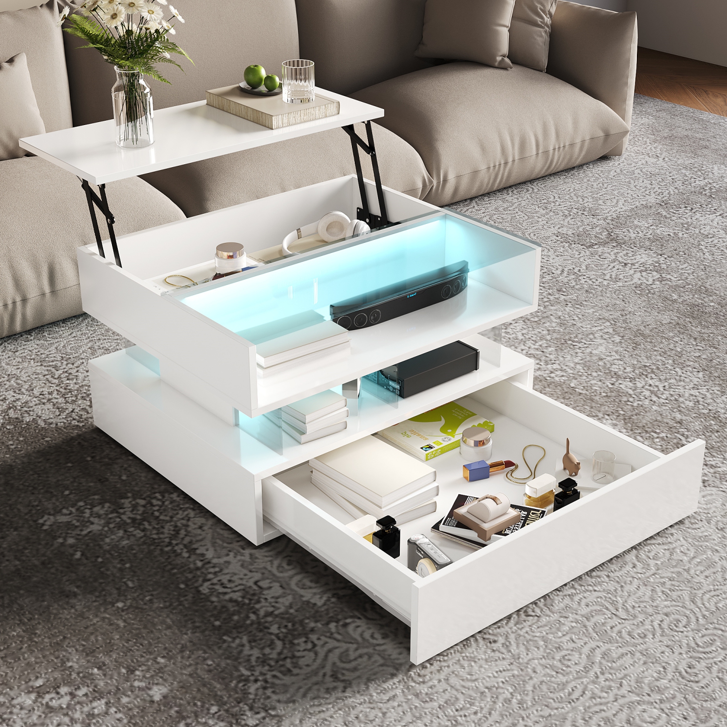Tables de salon Homy Casa, table basse avec lampe LED, blanc