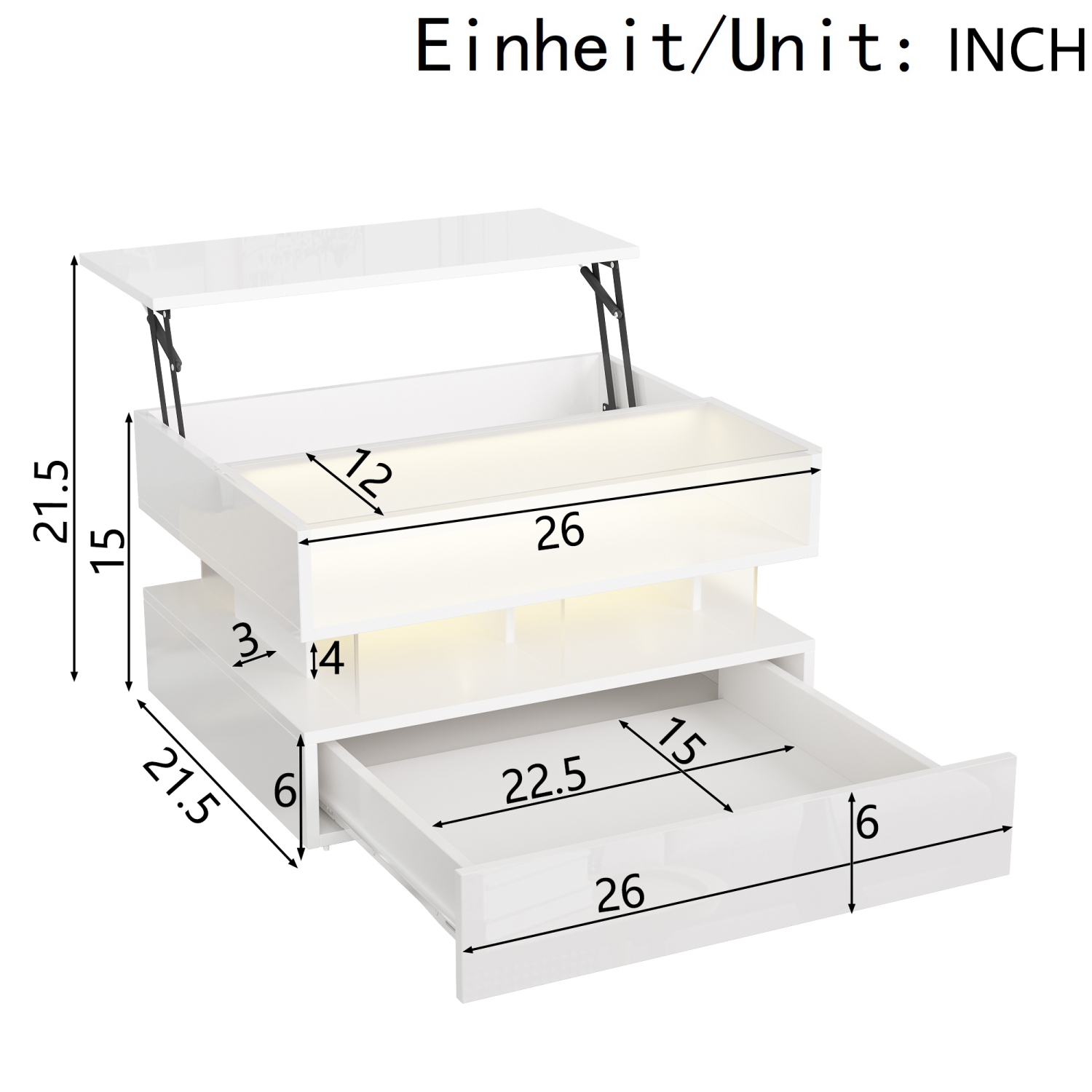 Tables de salon Homy Casa, table basse avec lampe LED, blanc