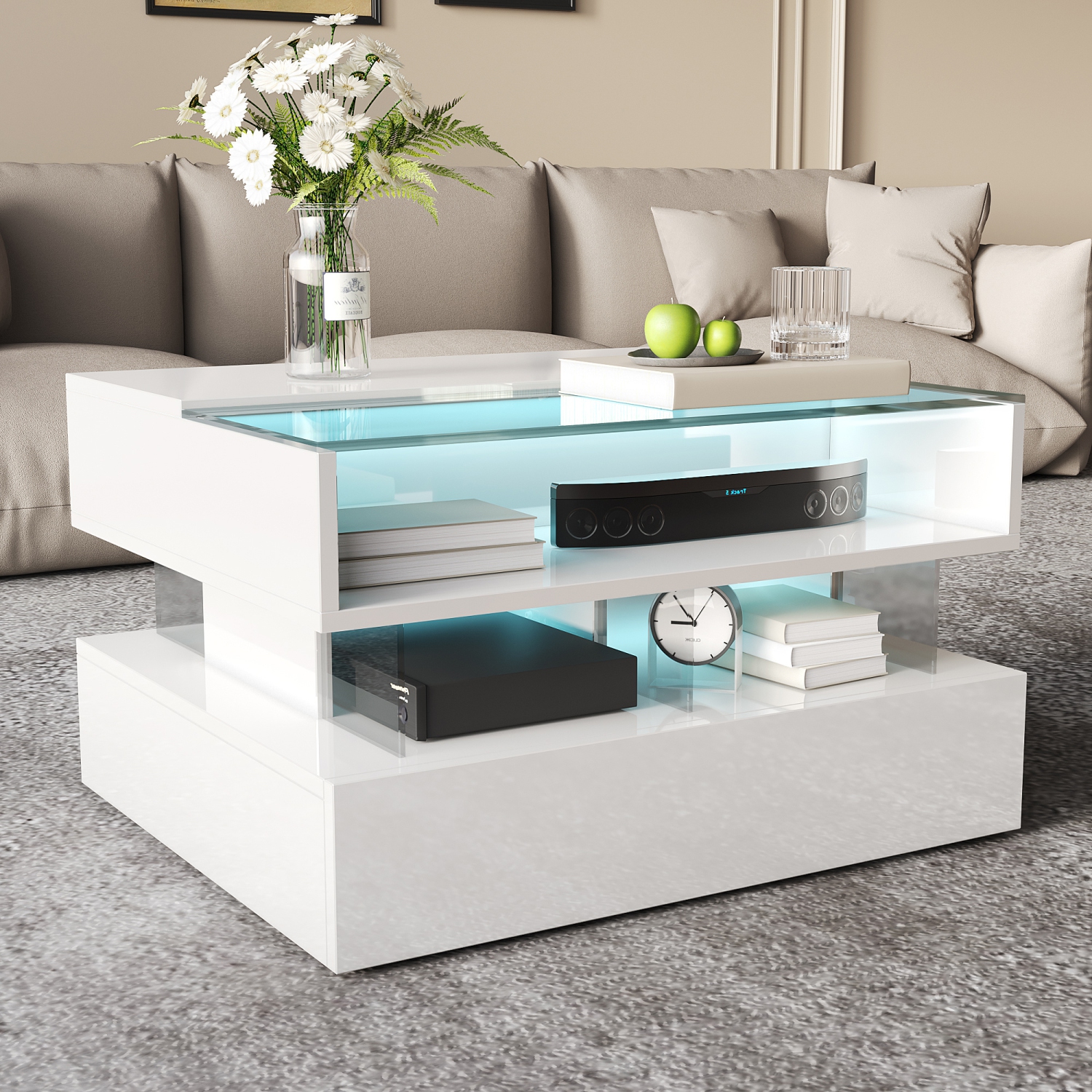 Tables de salon Homy Casa, table basse avec lampe LED, blanc