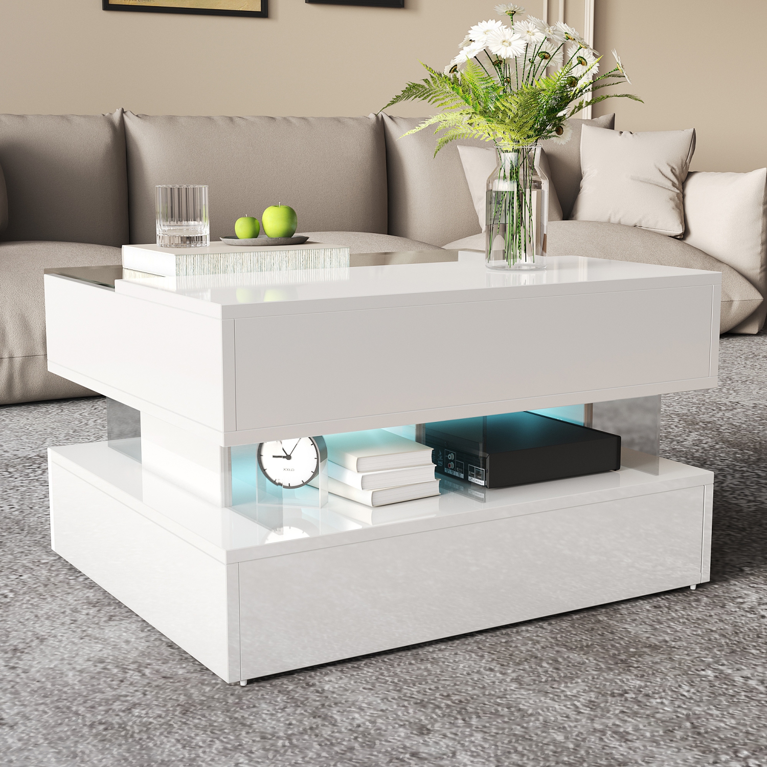 Tables de salon Homy Casa, table basse avec lampe LED, blanc