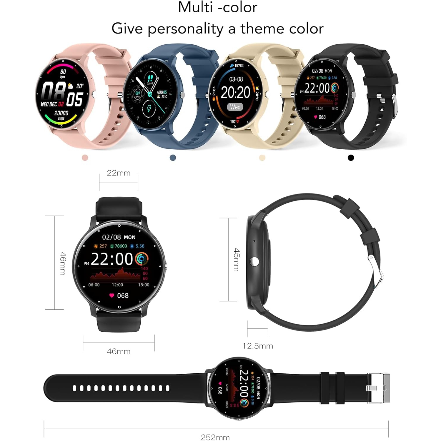 1.28-inch smartwatch for men and women, ultra-thin design, fitness tracker, health monitoring, compatible with Android iOS - blue