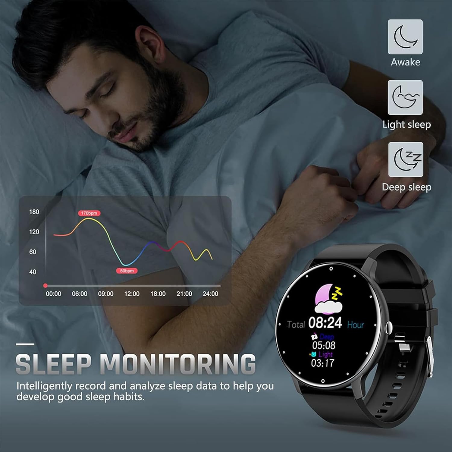 1.28-inch smartwatch for men and women, ultra-thin design, fitness tracker, health monitoring, compatible with Android iOS - black