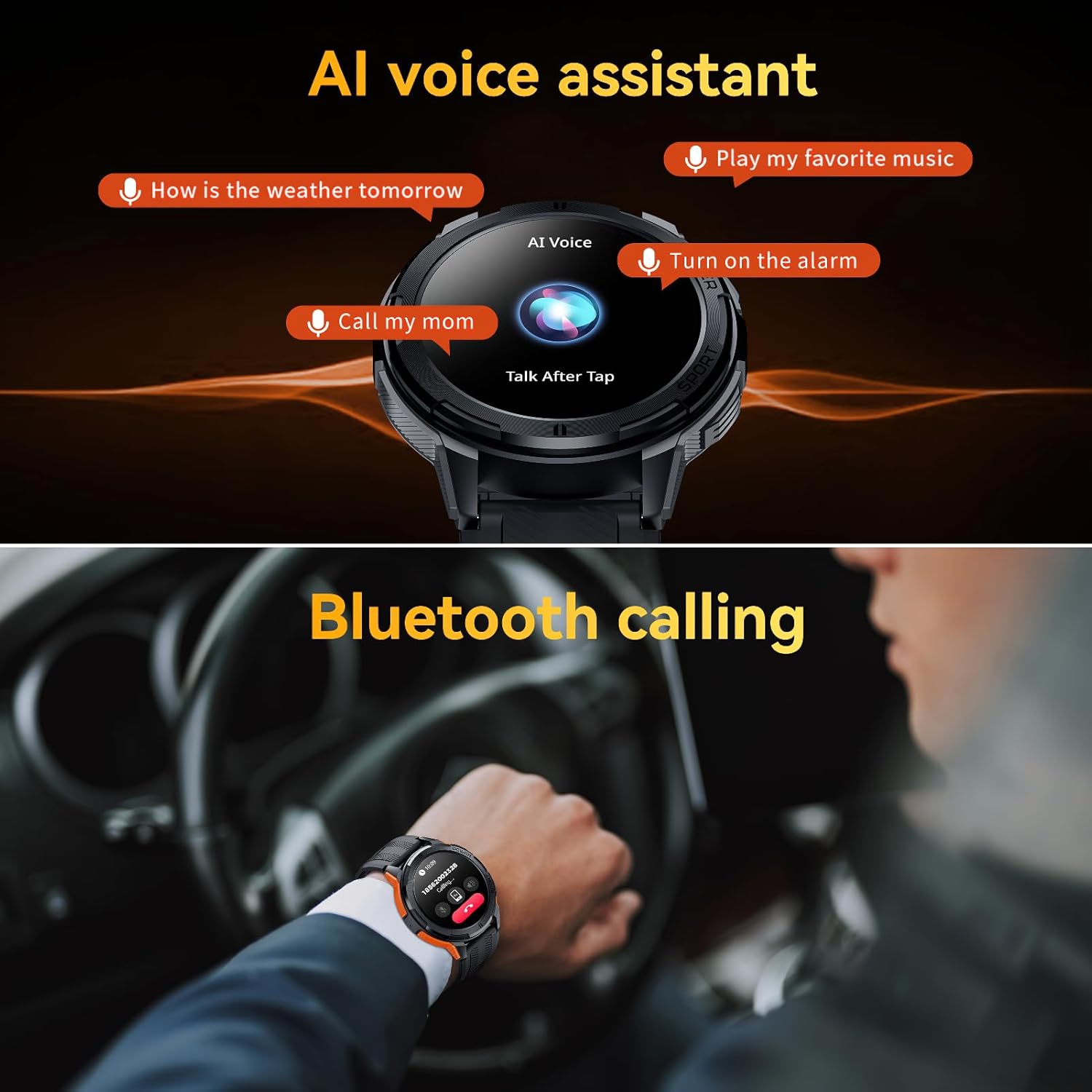 1.43-inch HD triple-proof smart watch, Bluetooth call/fitness tracker/multi-function smart watch - black and orange