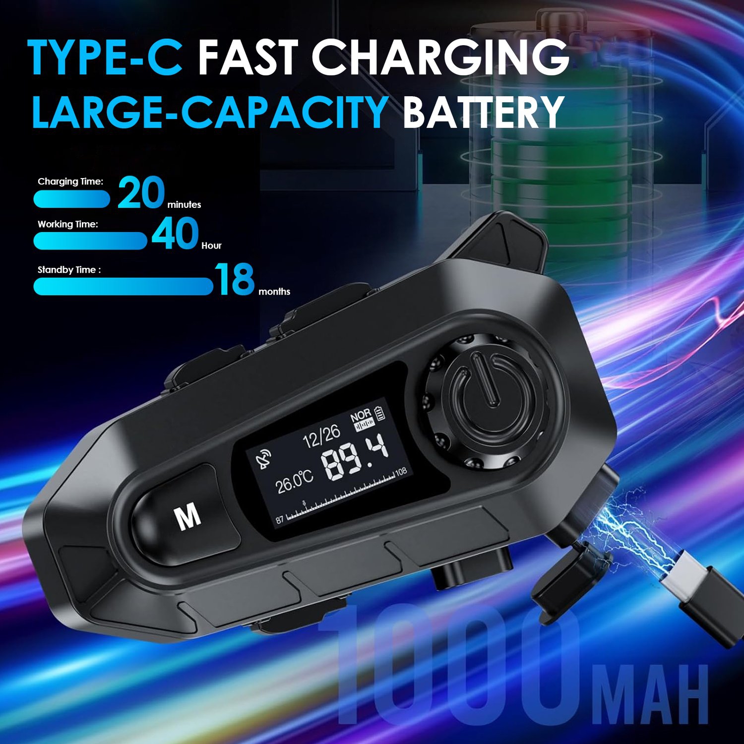 Bluetooth Motorcycle Helmet Headset 1000mAh Battery Waterproof Noise Reduction BT 5.3 Headphones With LED Screen FM Function