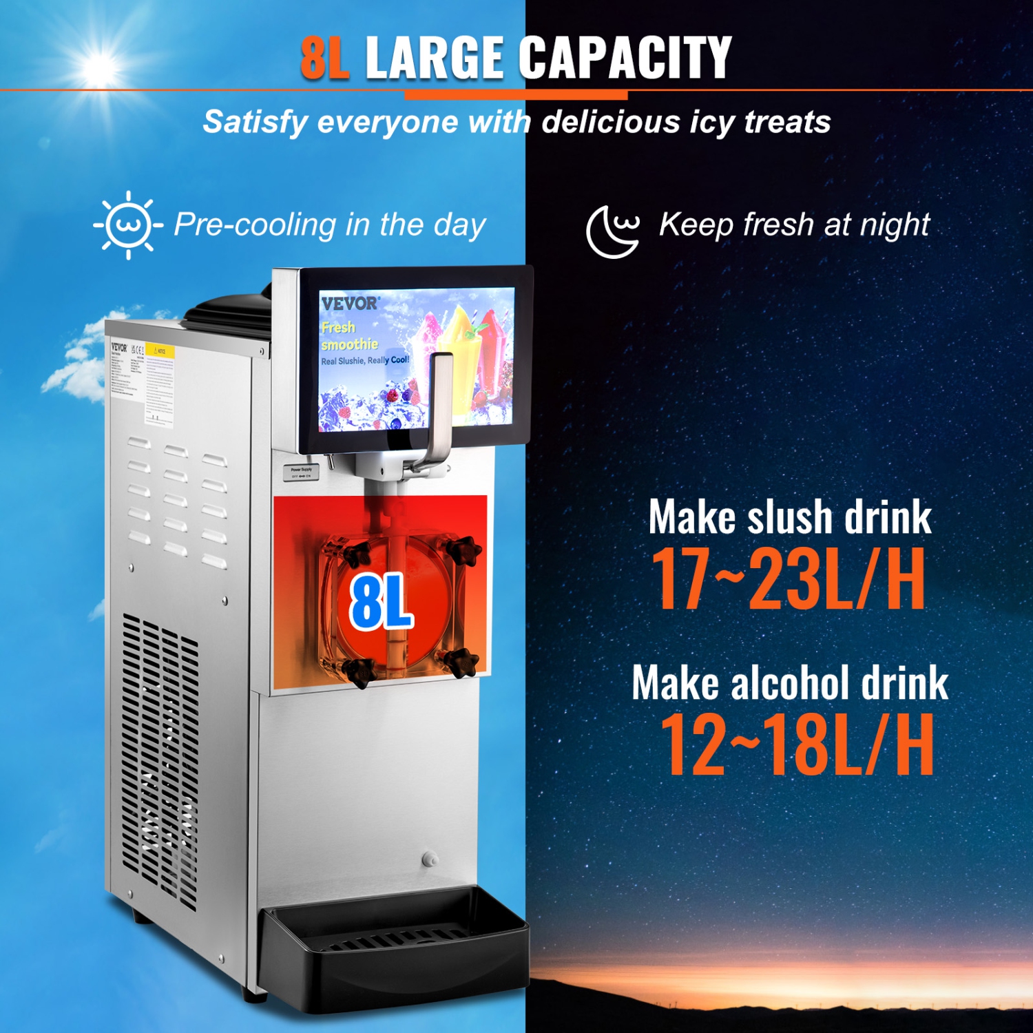 VEVOR 8L / 2.1 Gal Commercial Slushy Machine, Single Bowl, Cool and Freeze Modes, 1050W Stainless Steel Margarita Smoothie Frozen Drink Maker,