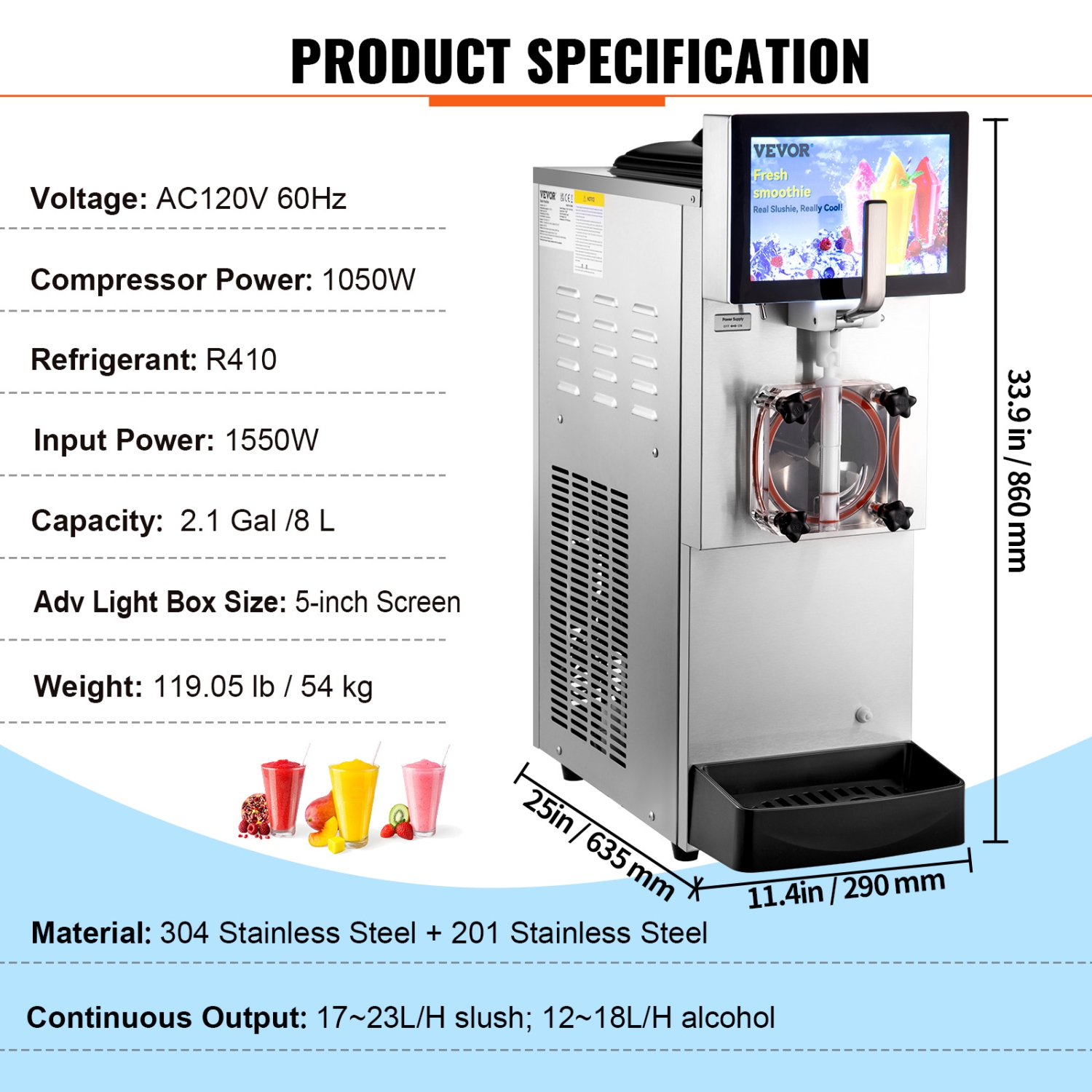 VEVOR 8L / 2.1 Gal Commercial Slushy Machine, Single Bowl, Cool and Freeze Modes, 1050W Stainless Steel Margarita Smoothie Frozen Drink Maker,