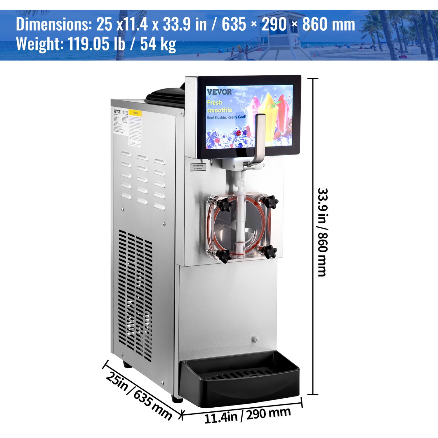 VEVOR 8L / 2.1 Gal Commercial Slushy Machine, Single Bowl, Cool and Freeze Modes, 1050W Stainless Steel Margarita Smoothie Frozen Drink Maker,