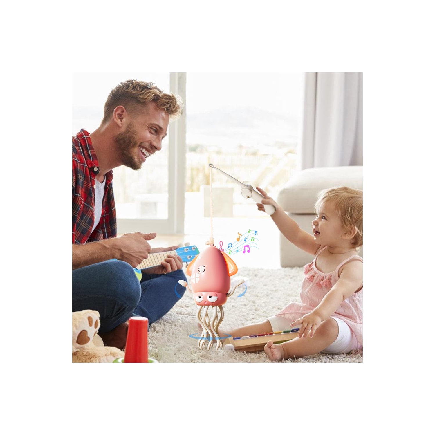 Stress relief dancing octopus robot toy - obstacle avoidance and sliding, encourages crawling, dynamic sound and light, simulated fishing, children's