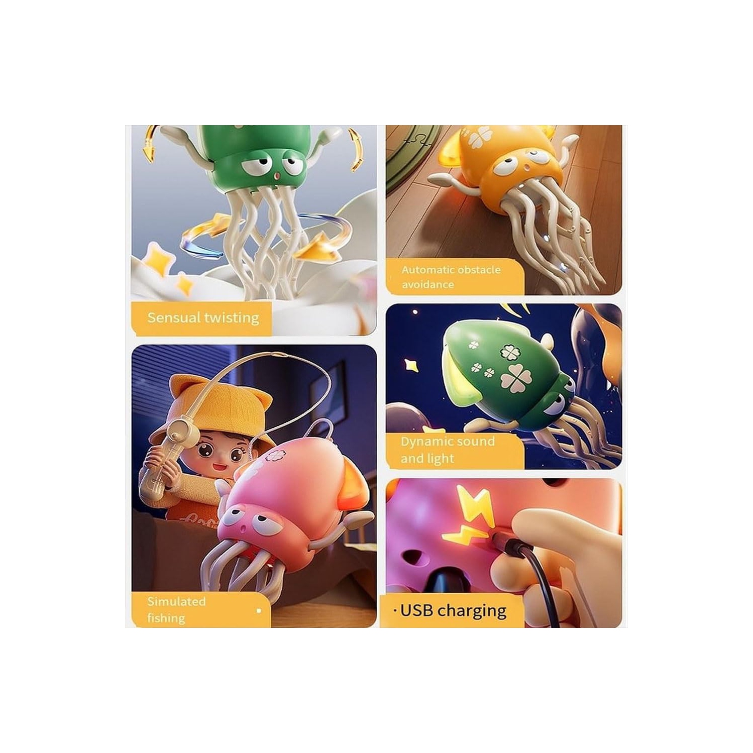 Stress relief dancing octopus robot toy - obstacle avoidance and sliding, encourages crawling, dynamic sound and light, simulated fishing, children's