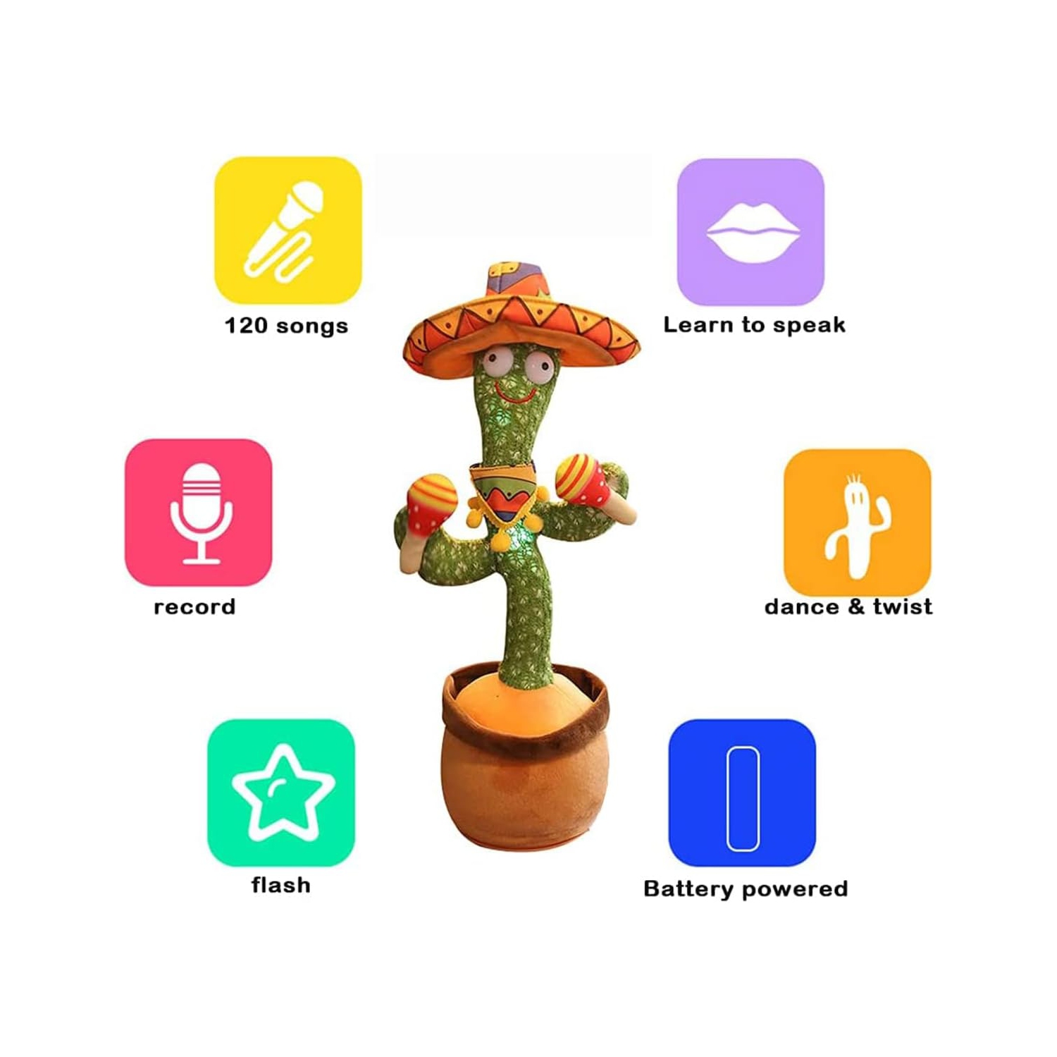 Singing and Dancing Cactus Plush Toy - Interactive Talking, Recording, Lighting, Dancing, USB Rechargeable, 120 Songs - Fun Gift for Kids