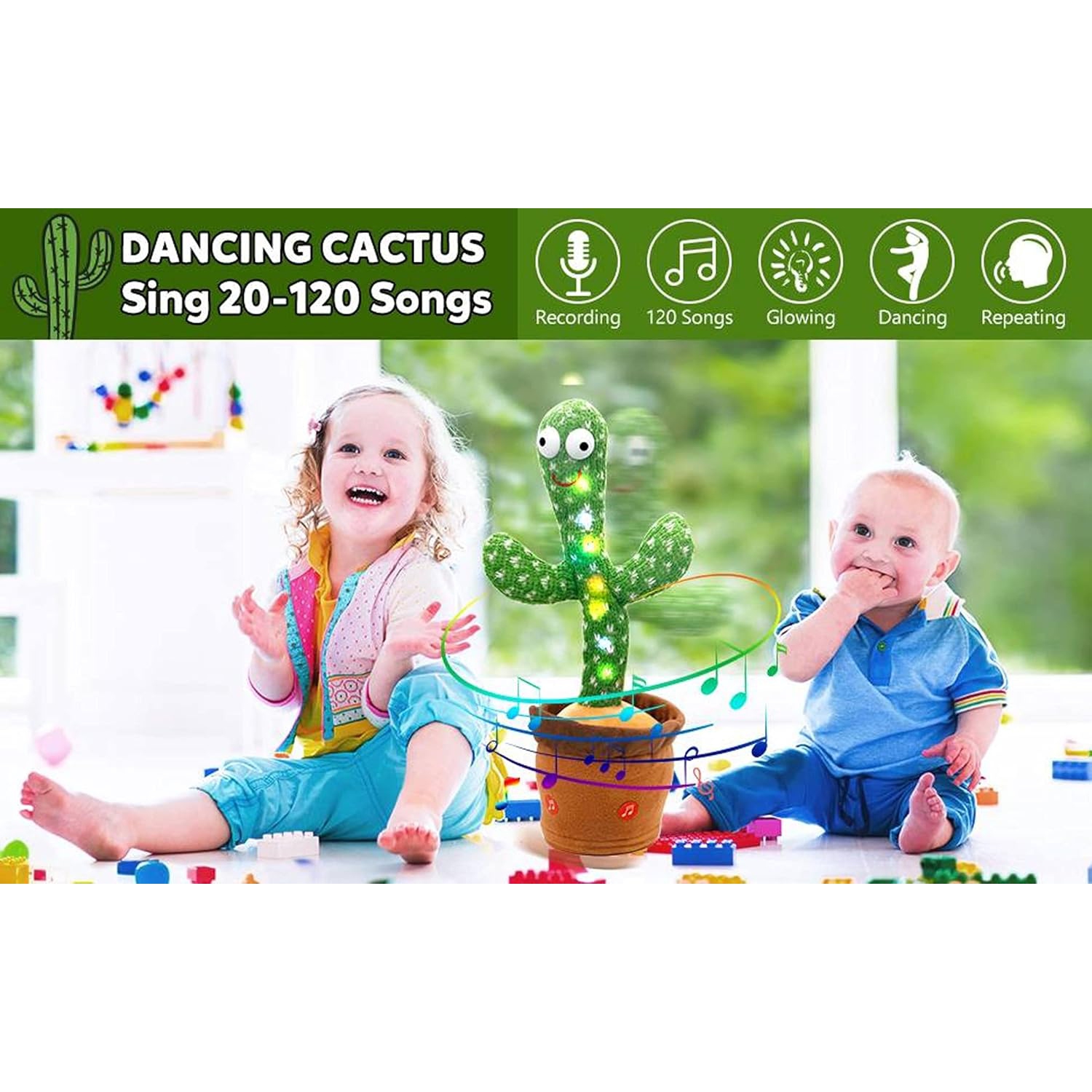 Singing and Dancing Cactus Plush Toy - Interactive Talking, Recording, Lighting, Dancing, USB Rechargeable, 120 Songs - Fun Gift for Kids